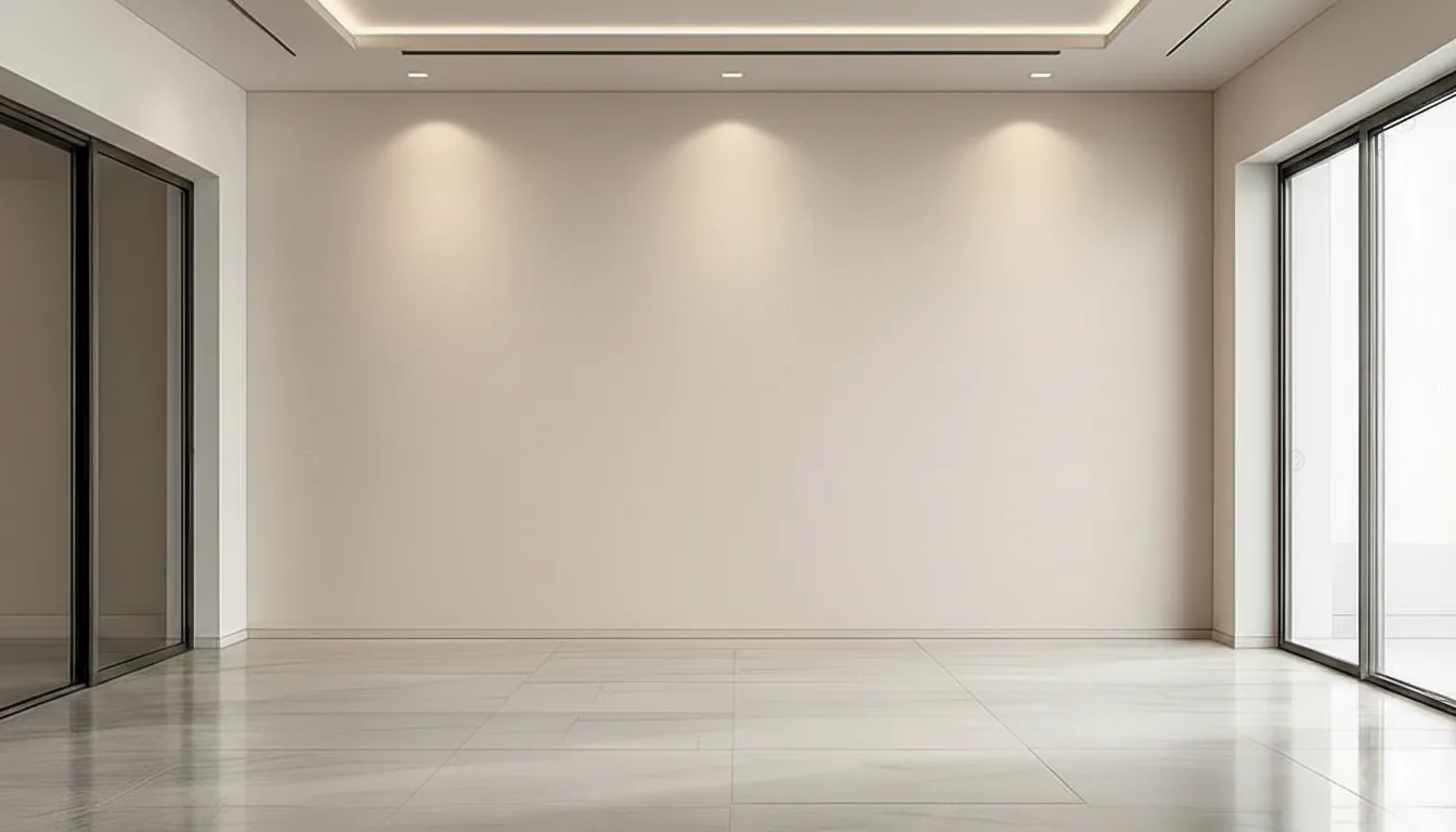 Empty room with a beige feature wall, recessed ceiling lighting and stone floor after construction