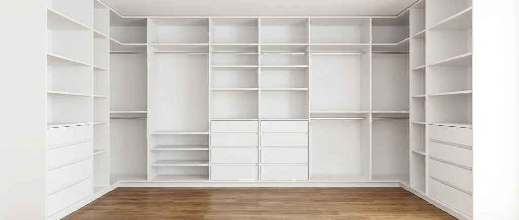 Empty white built-in wardrobe with shelves, rails and drawers
