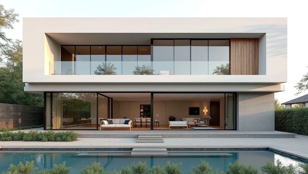 Modern two-storey villa with floor-to-ceiling glass, a stone terrace and a pool in front