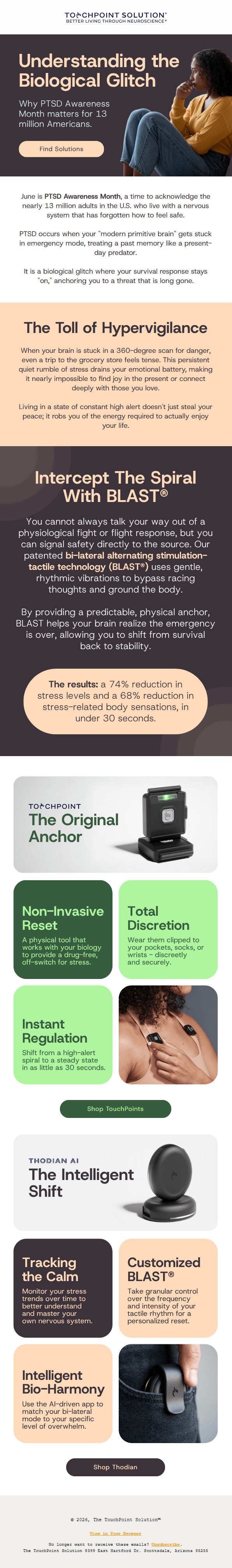 Informational page on PTSD awareness, hypervigilance effects, and TouchPoint's bi-lateral stimulation tech products.