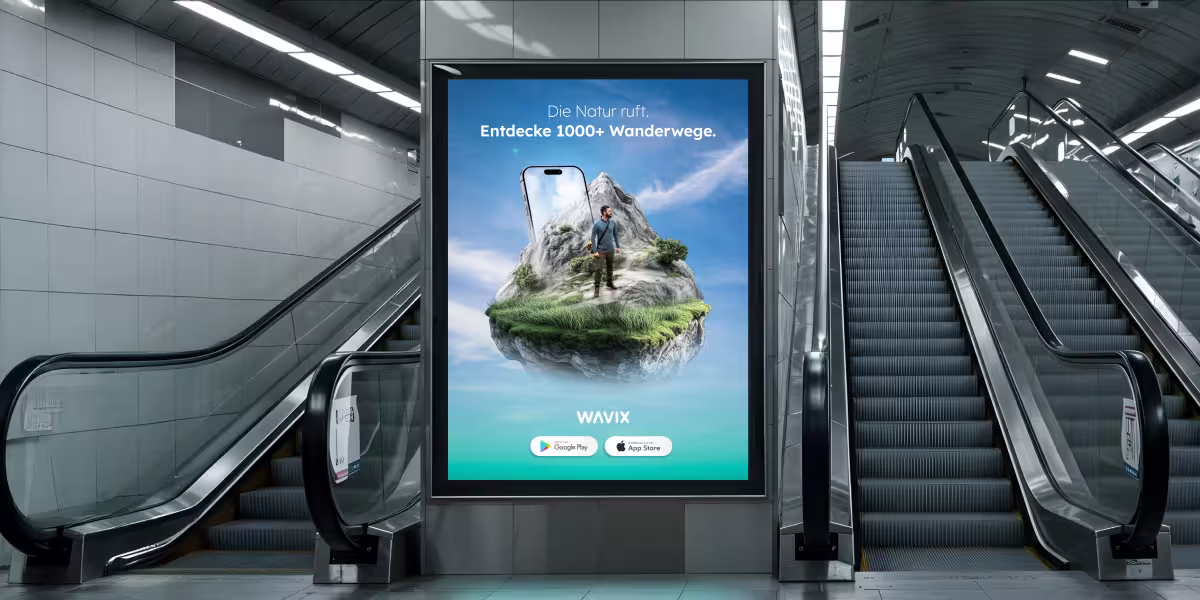 Werbeanzeige an der Rolltreppe: Brand Design, Typografie und Bildwelten für Wiedererkennung