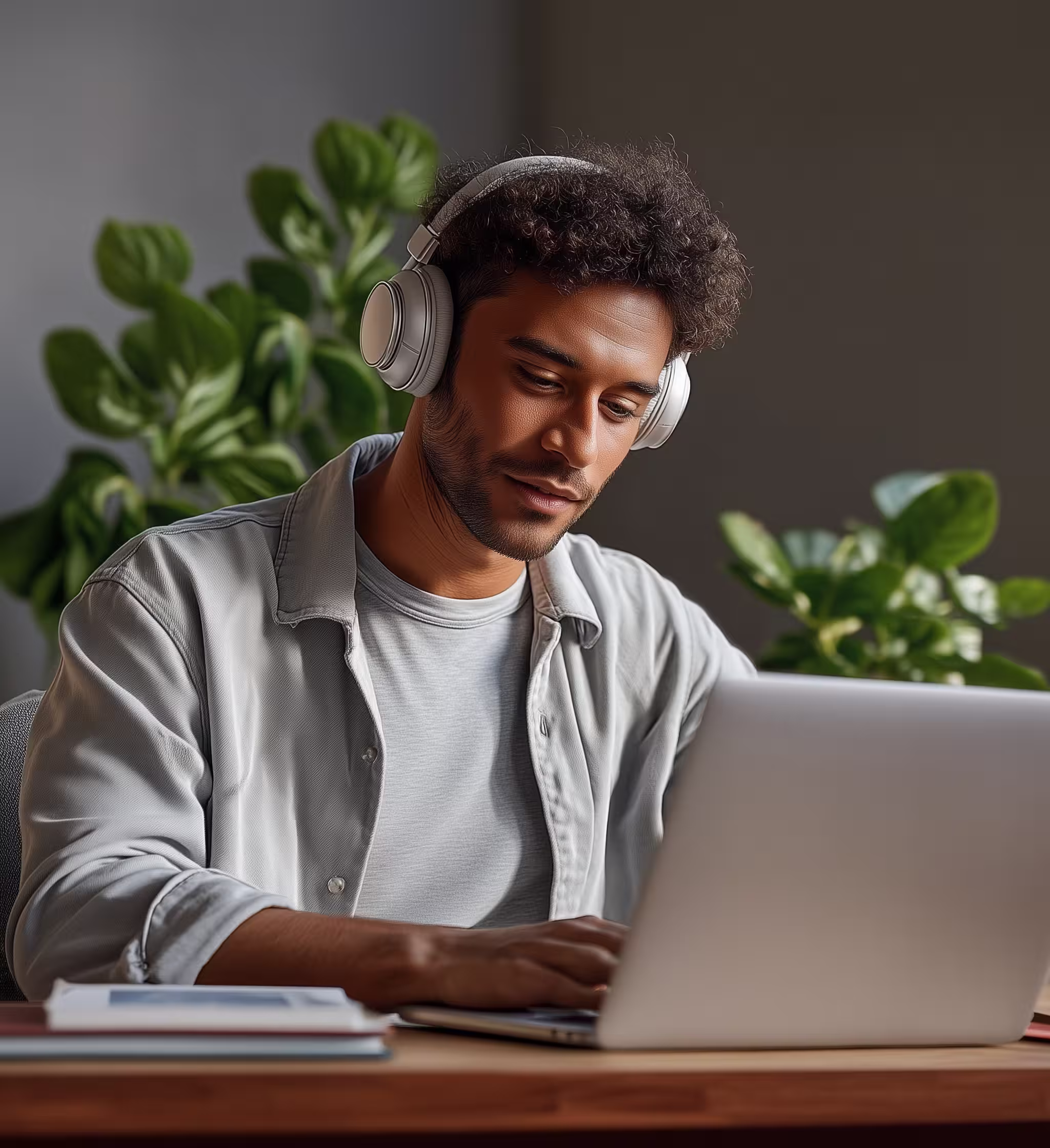 Junger AI-Stratege konzentriert mit Kopfhörern am Laptop – Entwicklung der AI-Consulting Roadmap