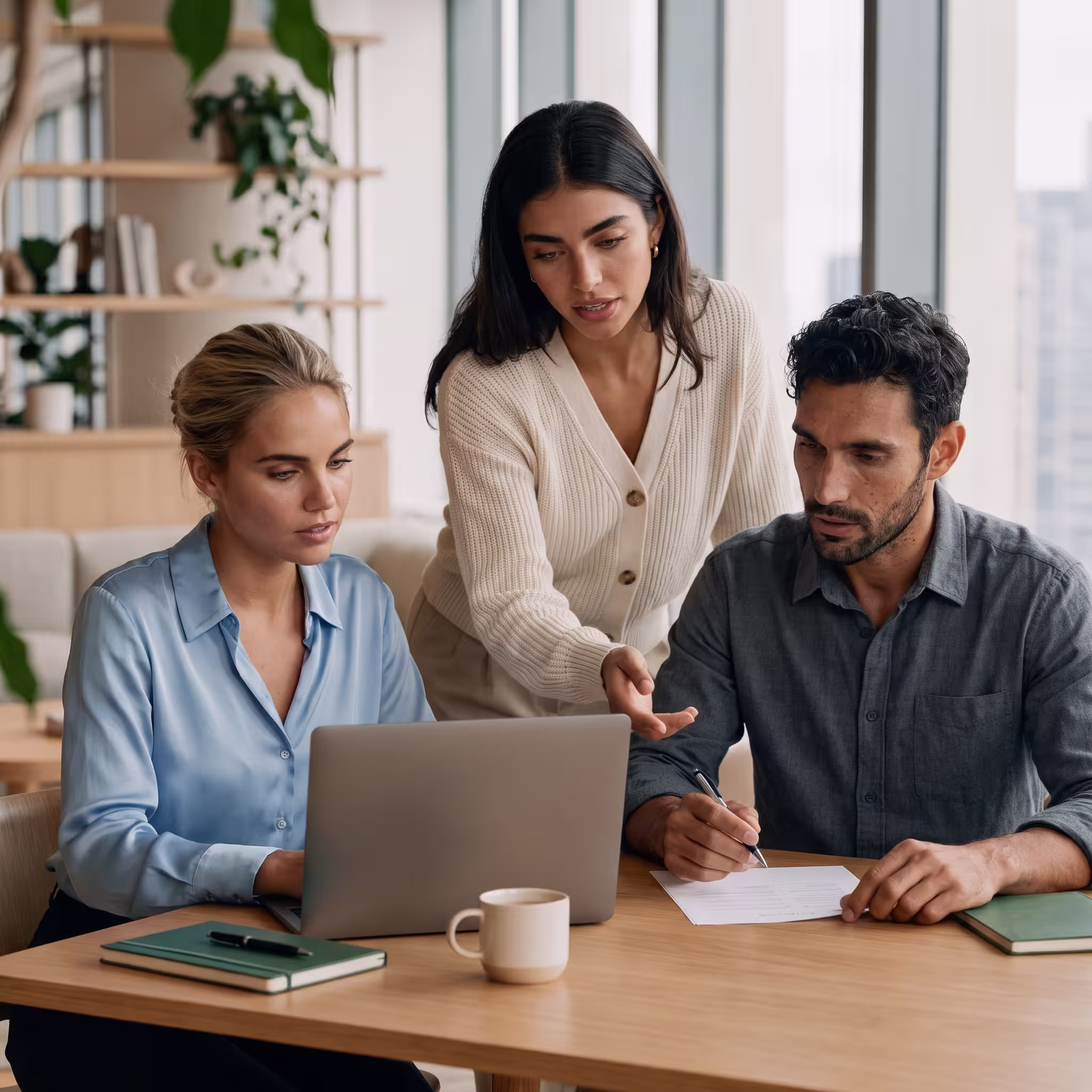 Zwei Strategen diskutieren Notizen an der Glaswand – Kollaborative Entwicklung der AI-Consulting Strategie