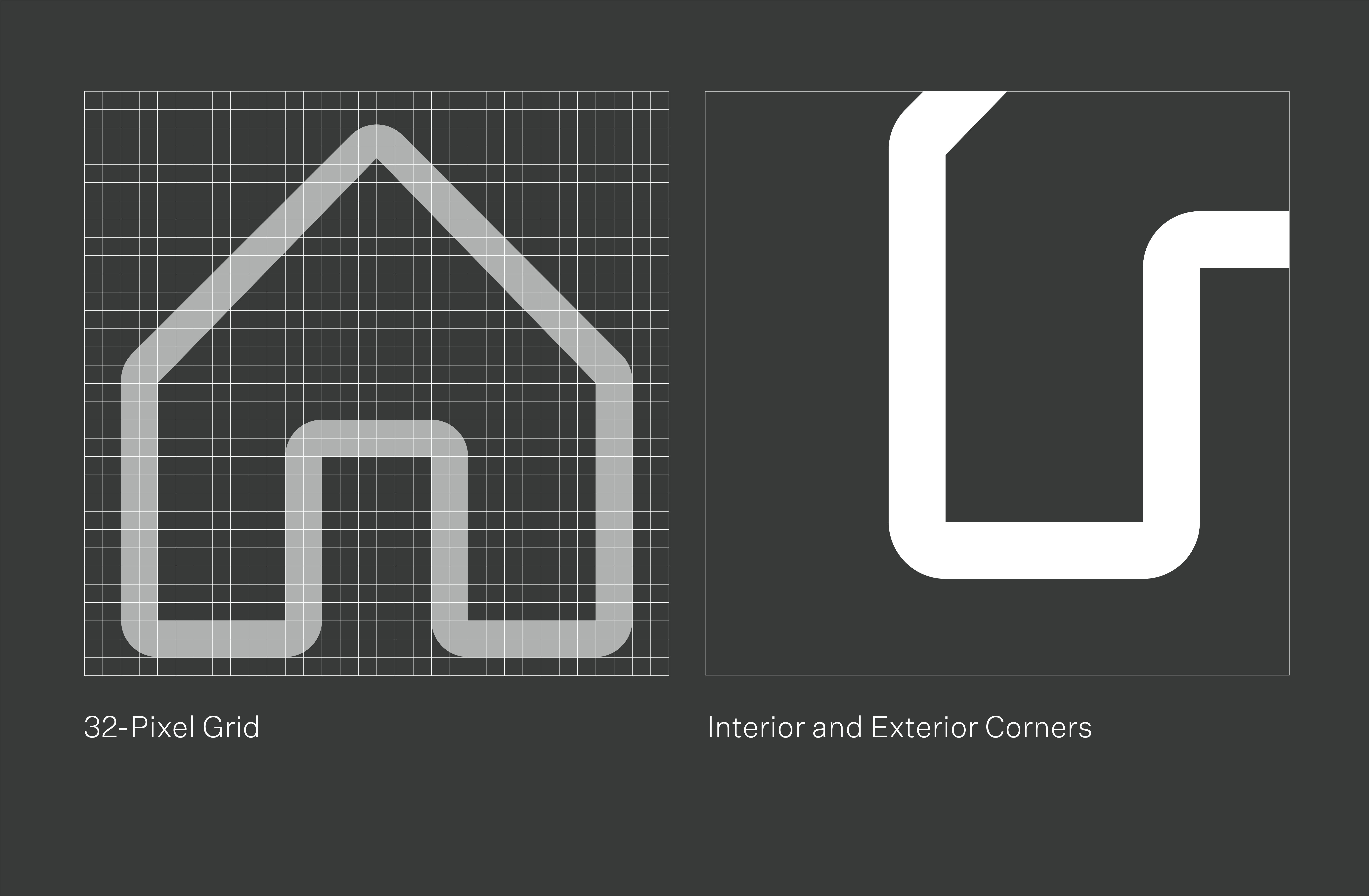 A detail image showing the corner treatment of the icon design with a rounded outer corner and an angular inner corner.