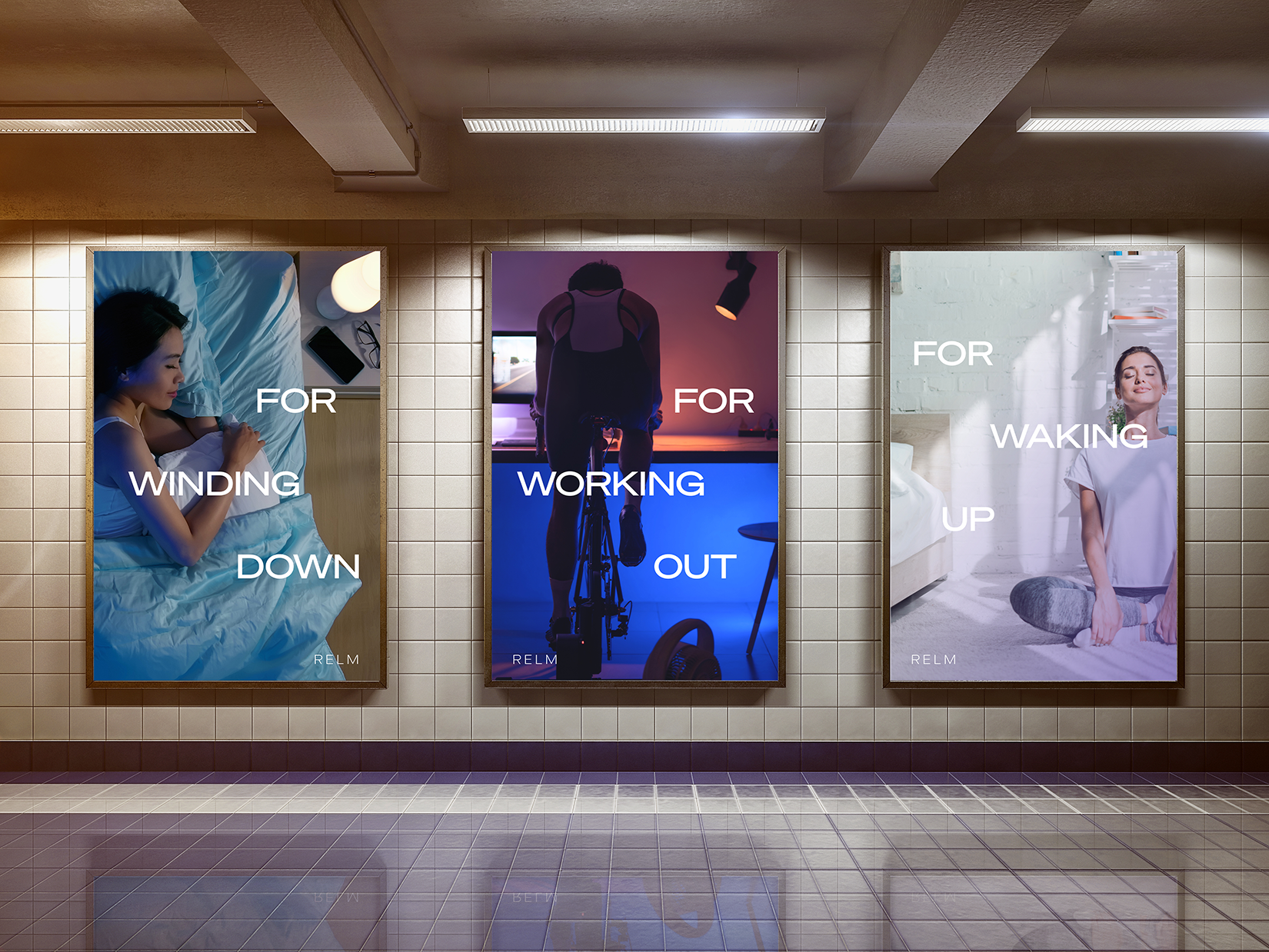 An image showing three Relm posters that have people doing various activities at home. The posters read: "For winding down.", "For working out.", "For waking up."