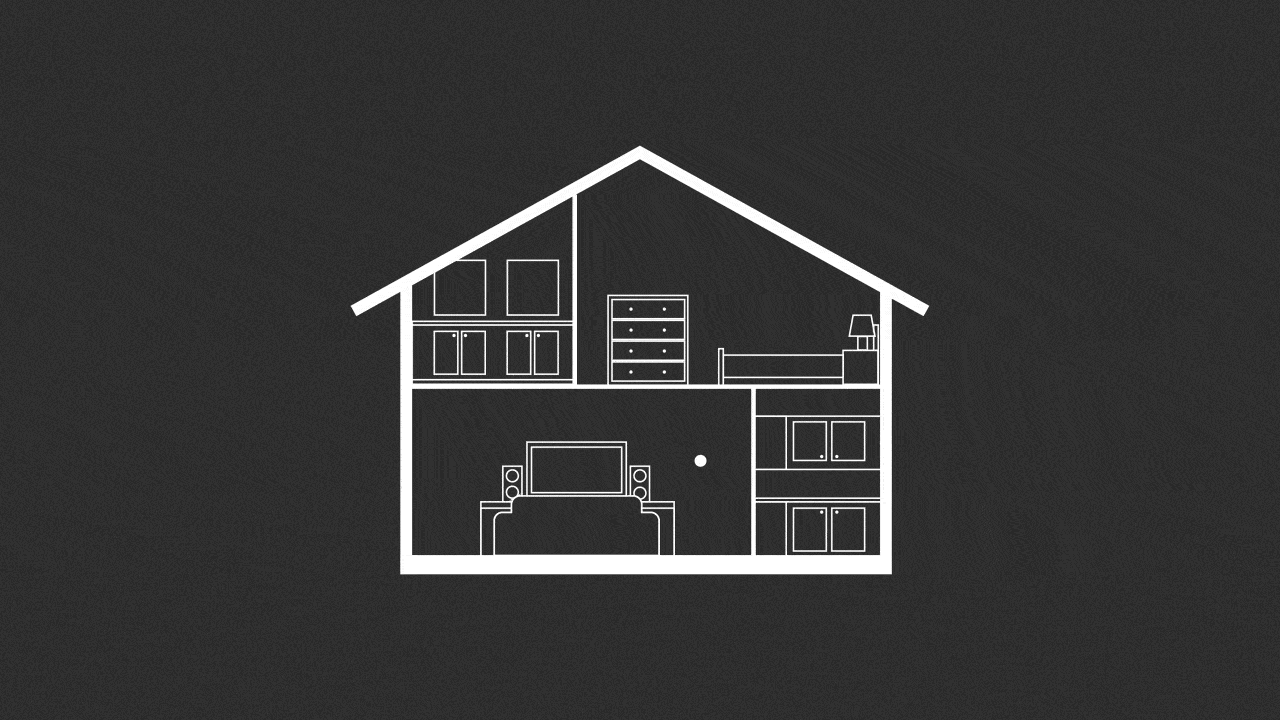 An animation of an illustration of a house showing lights, temperature, and speakers being activated.