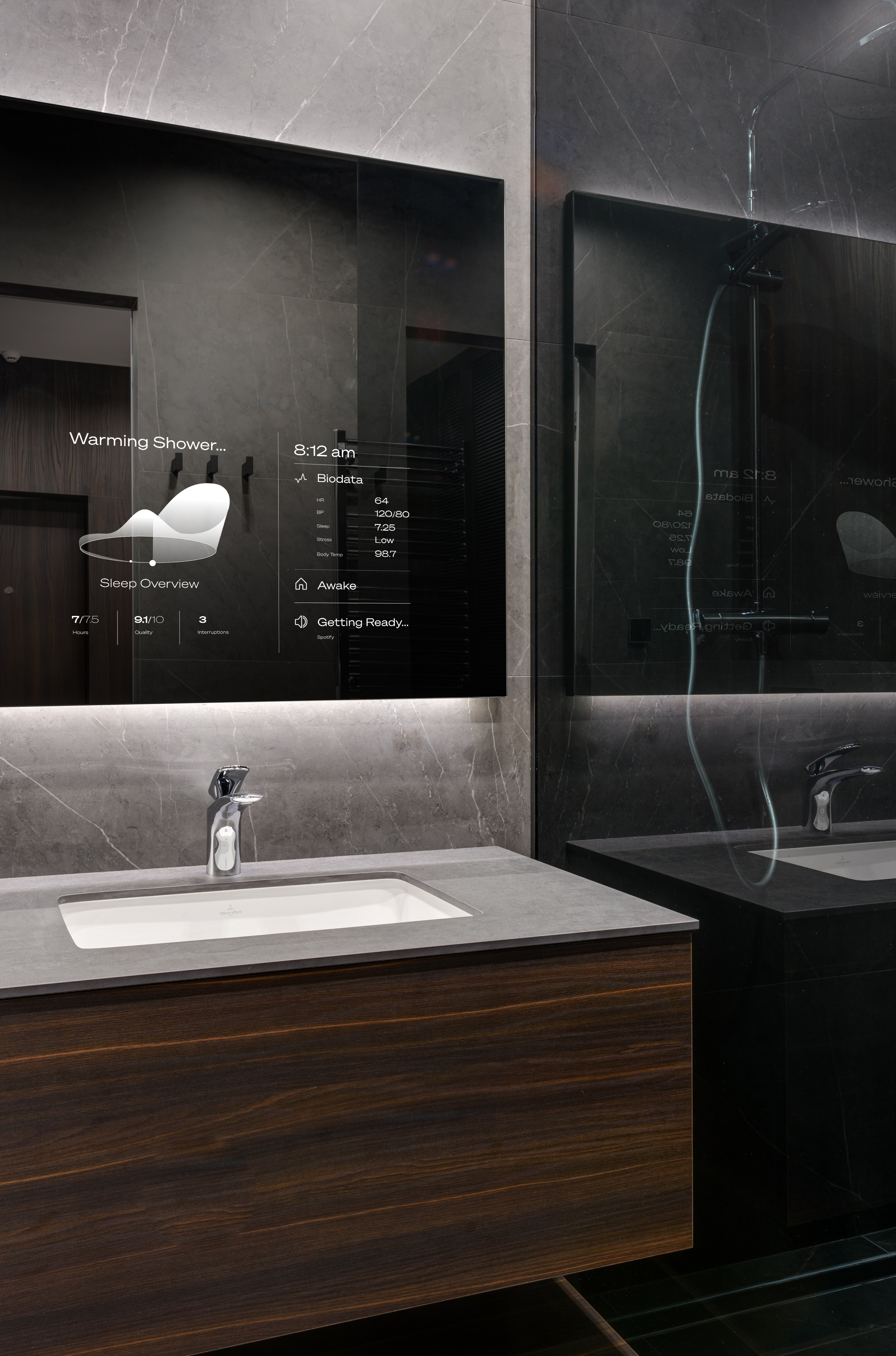 Relm app widget on a smart home bathroom mirror.