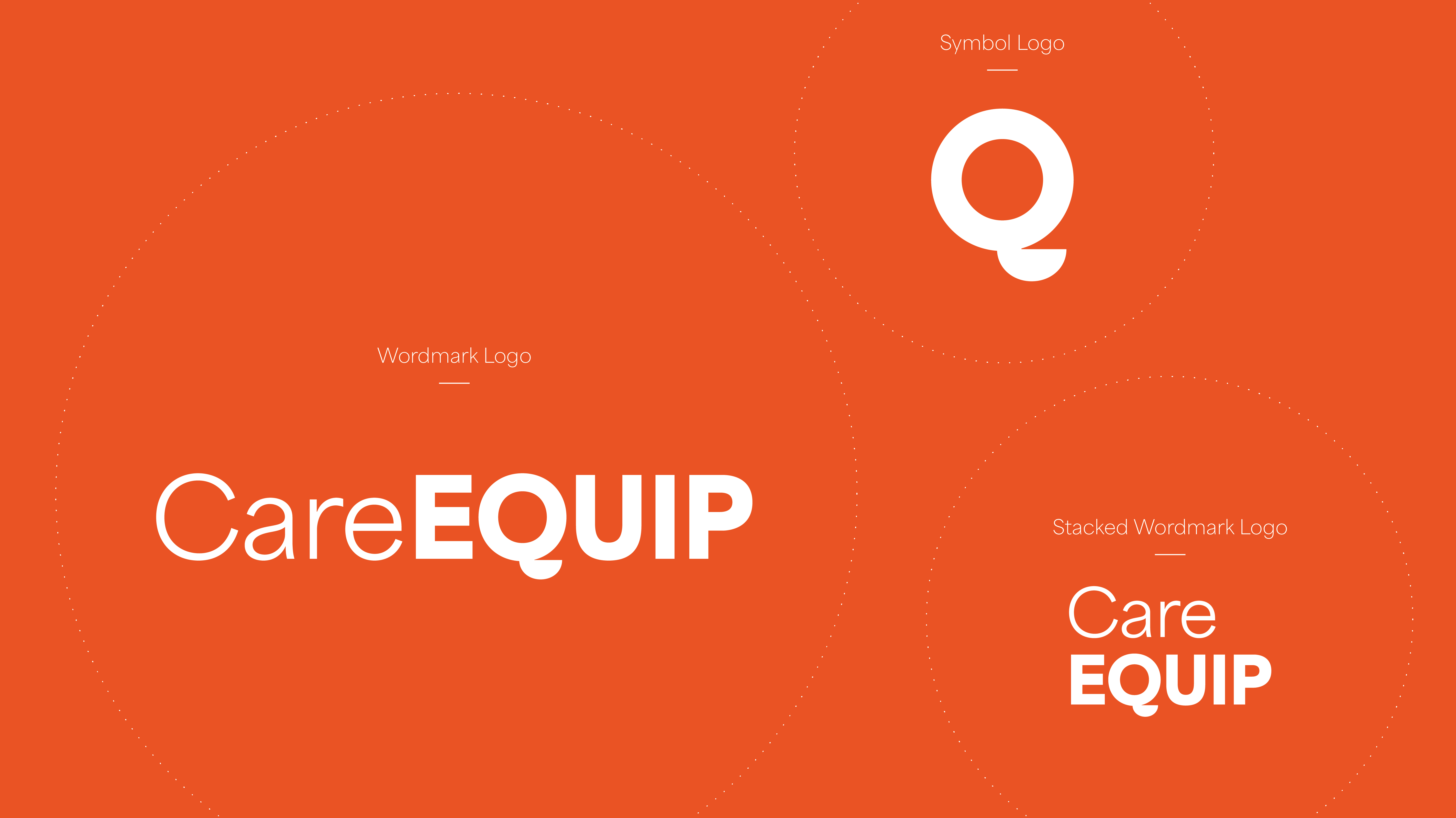 CareEQUIP's logo system has the full word mark logo, a vertical stacked version with Care on the first line and EQUIP on the bottom, and the unique Q symbol. 