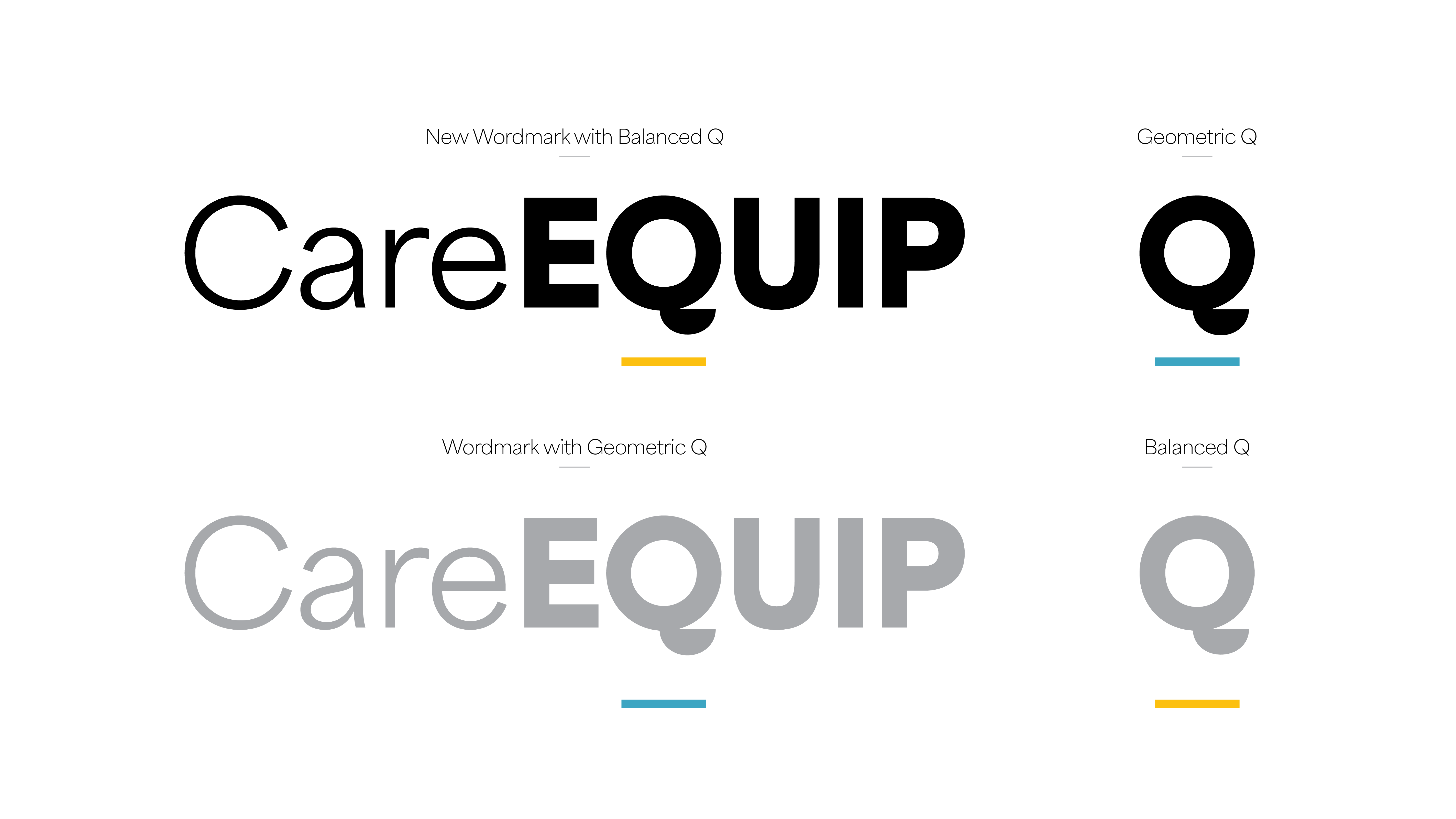 A chart comparing the differences between the Q inside the word mark and the standalone Q which is rounder. When the Q's are swapped they don't fit as well in the other contexts. 