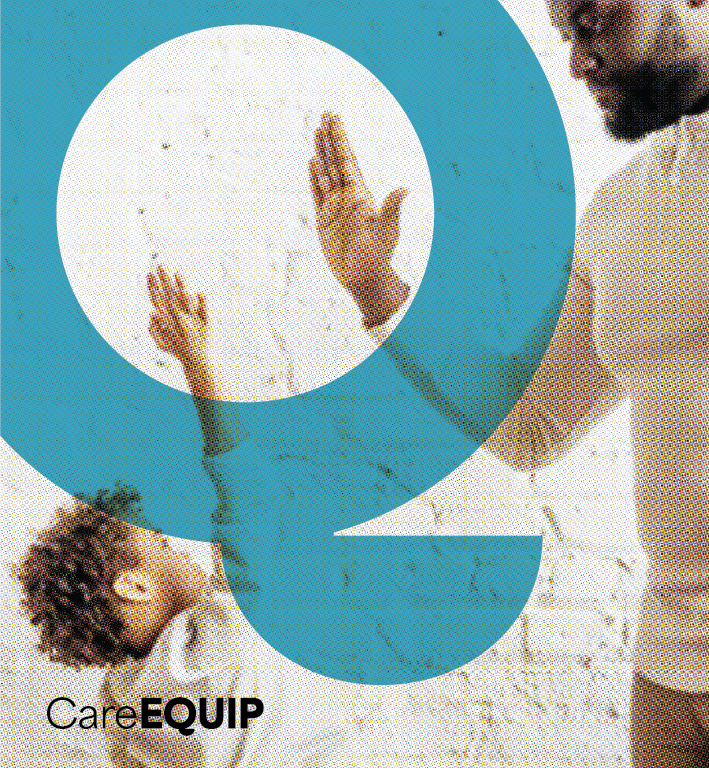 Graphic showing the Q icon being used to highlight a portion of a photograph: where a caregiver and child are about to high-five. 