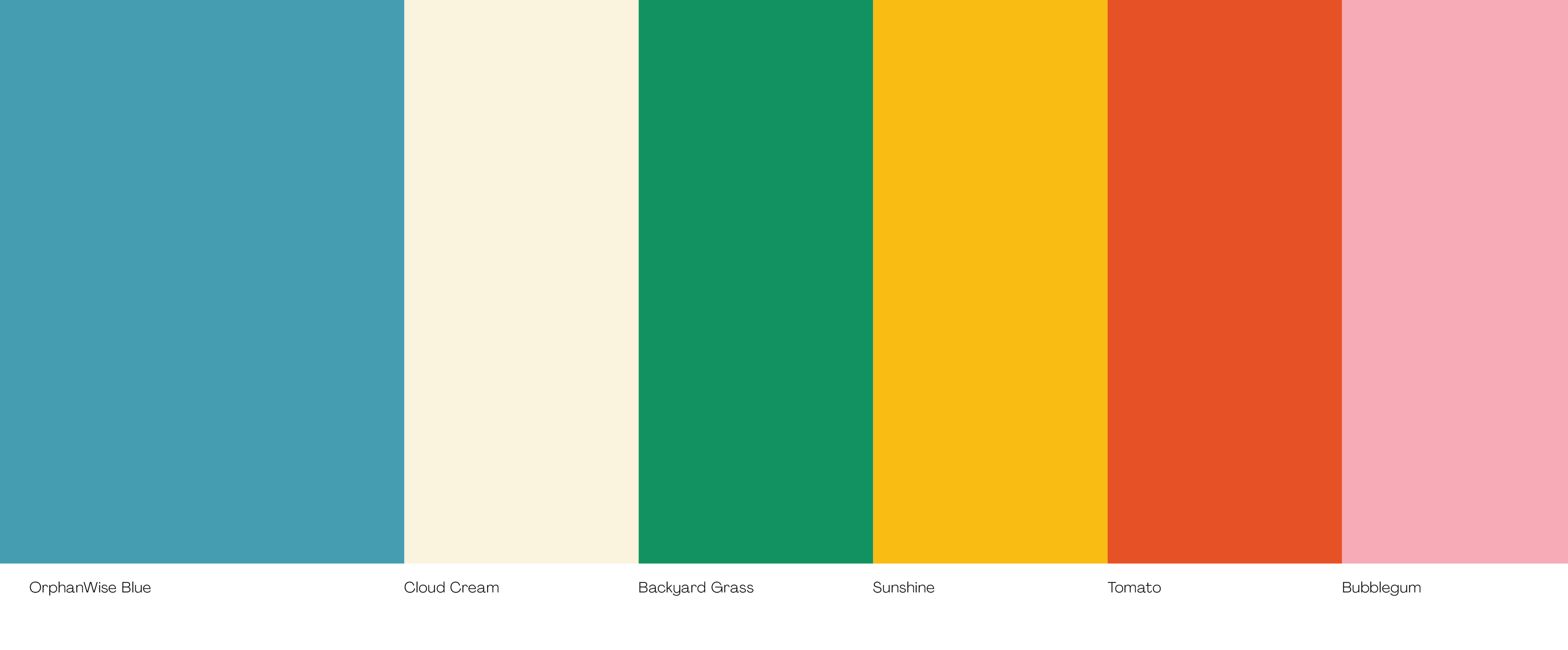 An overview of the brand color palette with blue as the primary color then white, green, yellow, red, and pink. 