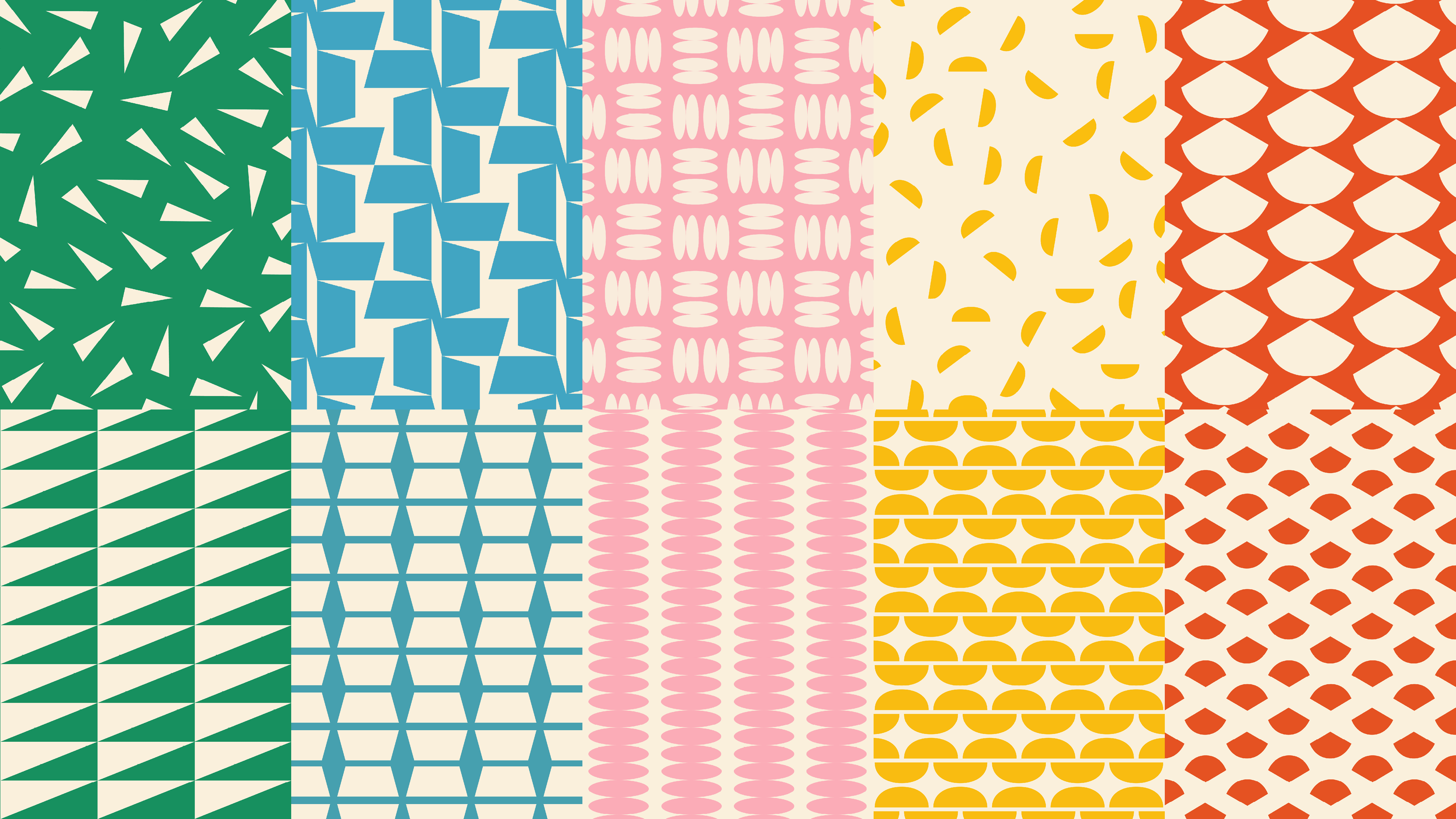 Overview of eight brand patterns made from the brand shapes. 