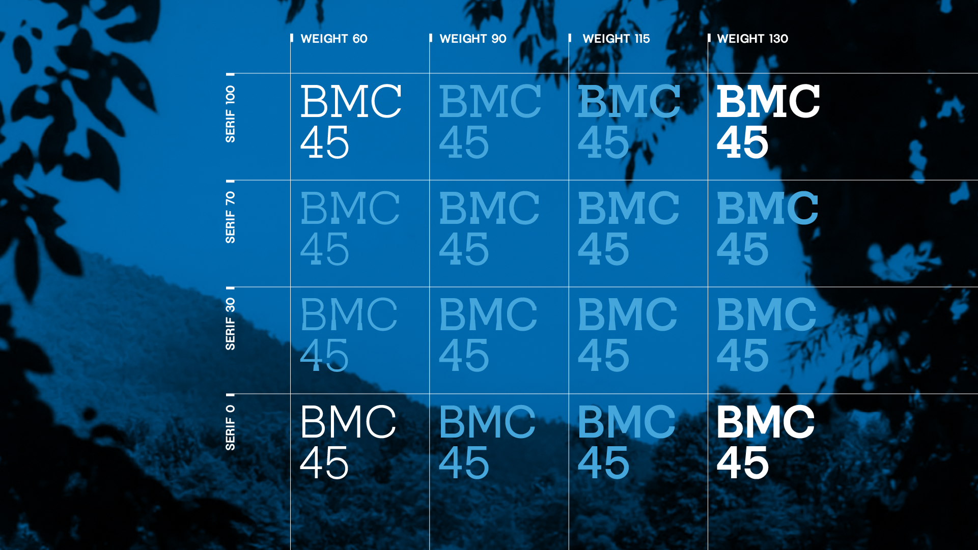 A chart of the interpolated fonts of BMC45: sans serif regular to black and serif regular to black. 