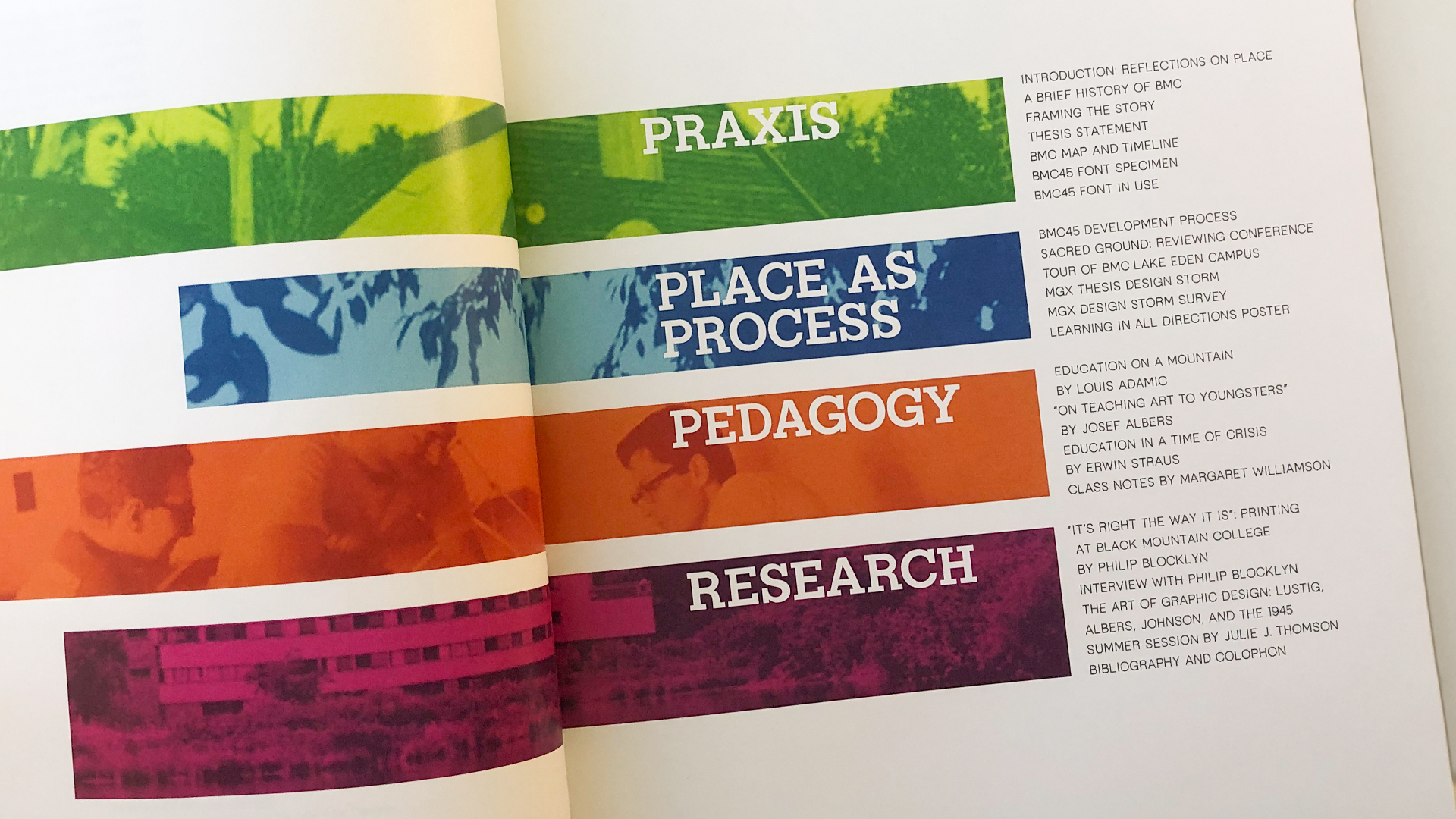 Table of Contents from the process book which has four sections: praxis, place as process, pedagogy, and research.