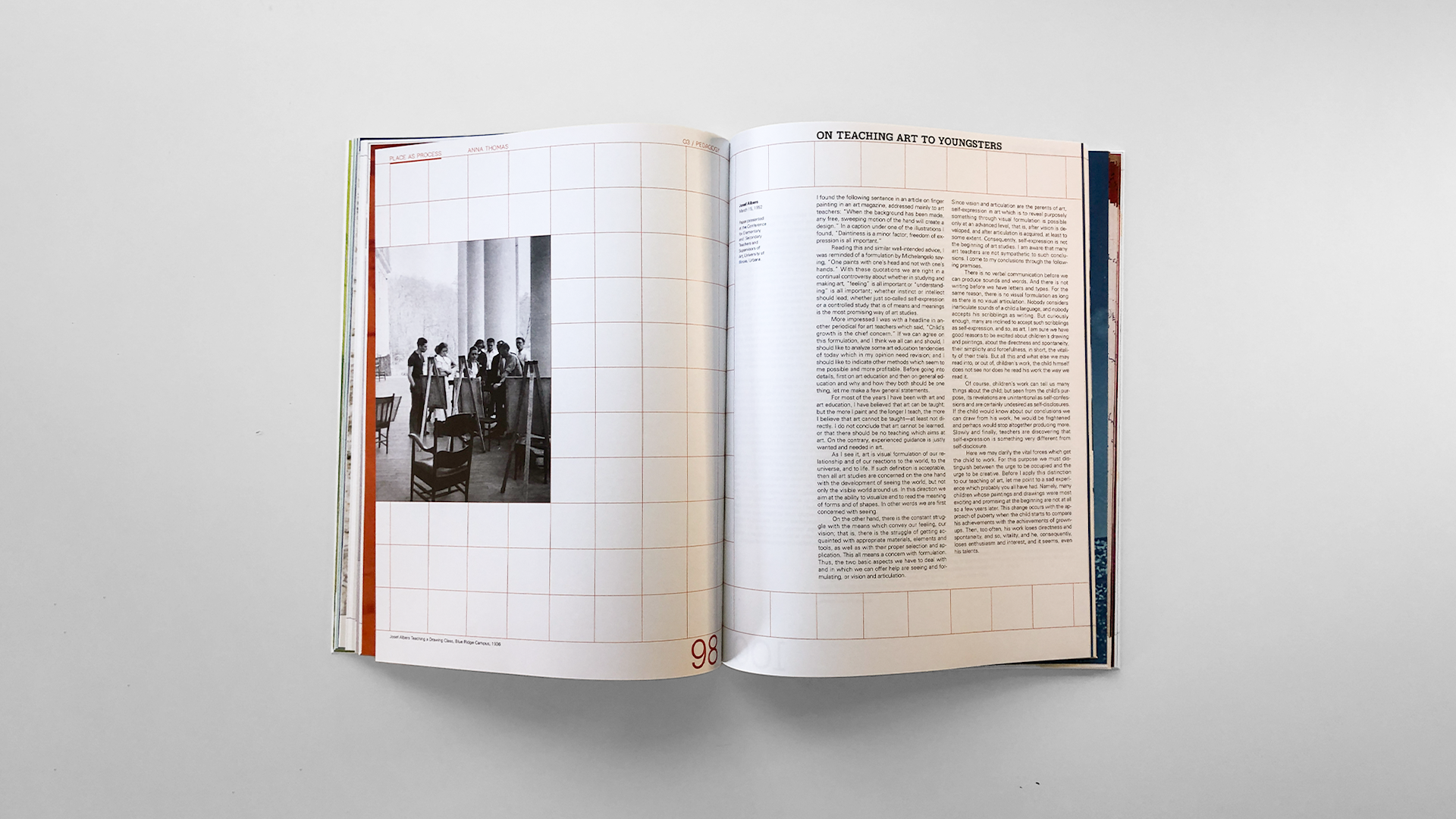 A sample spread from the process book which shows an article written by Josef Albers titled "On Teaching Art to Youngsters"