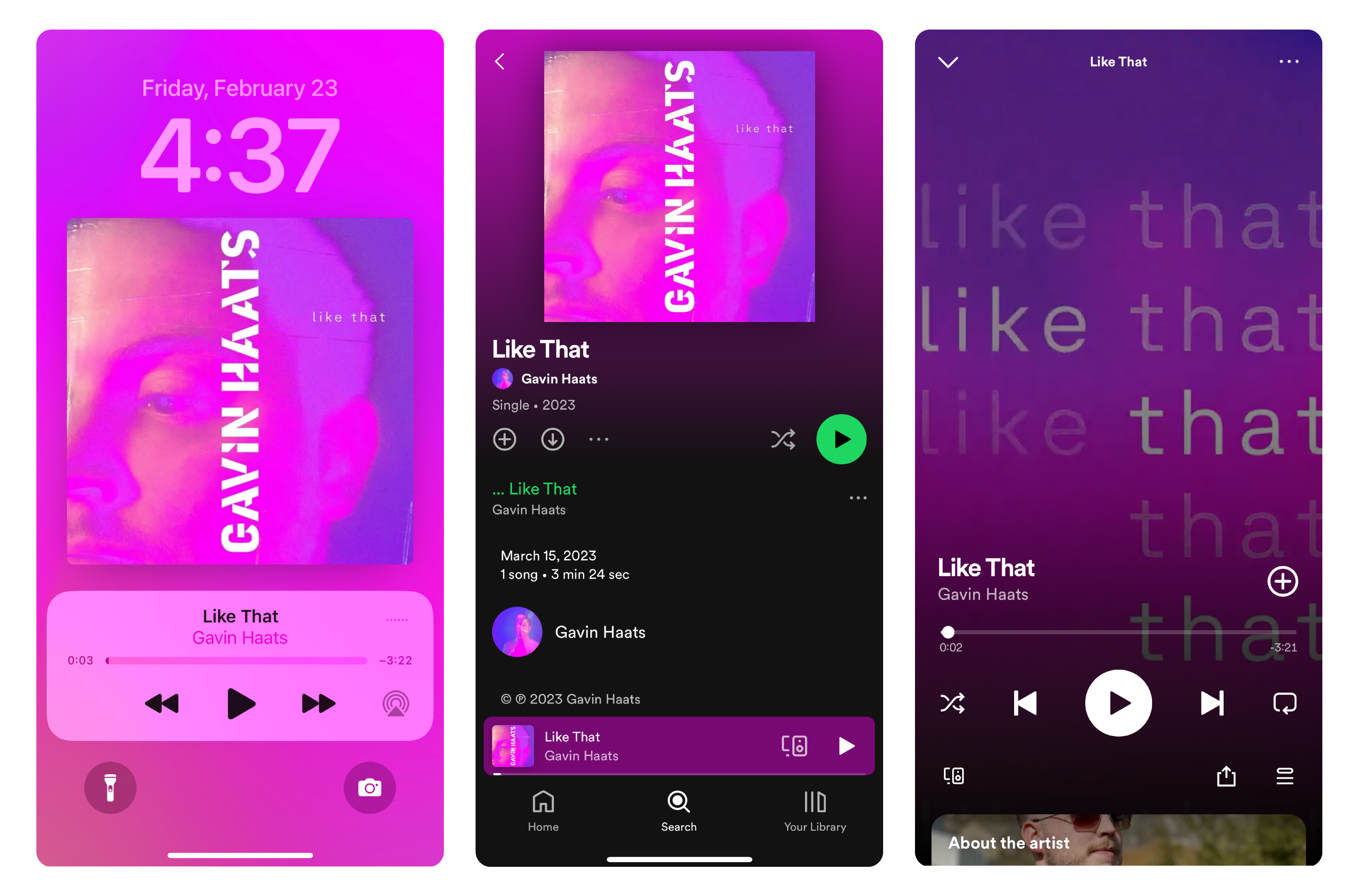 Screenshot previews of the song cover and canvas on Spotify. 