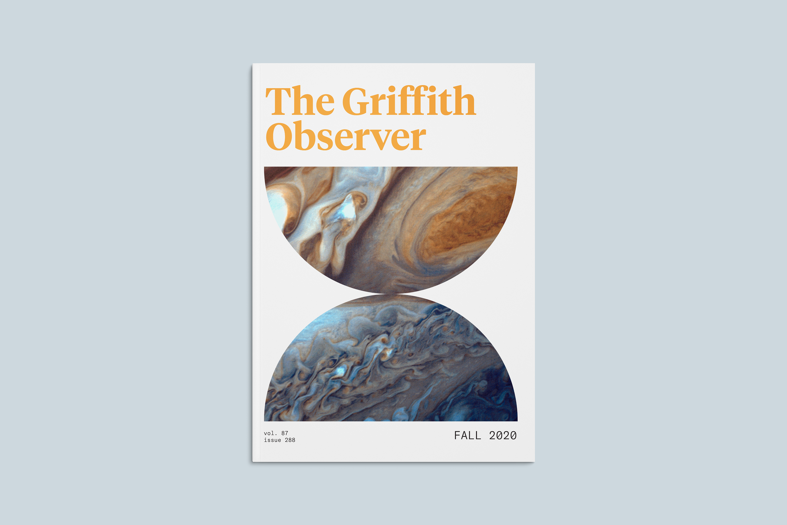 The Griffith Observer magazine cover with a brand symbol revealing imagery of outer space. 