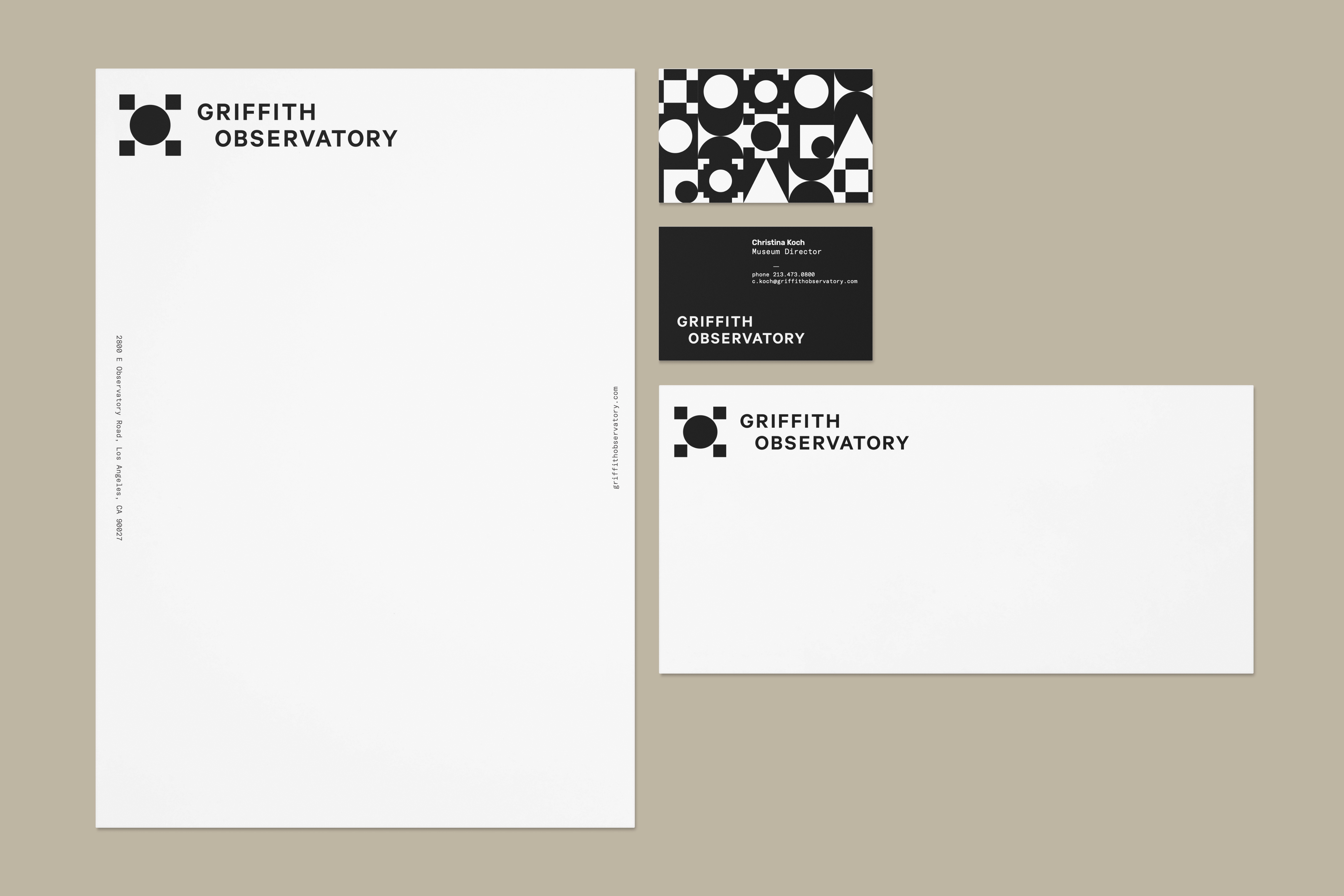 Griffith Observatory stationery with a letterhead, envelope, and business card.