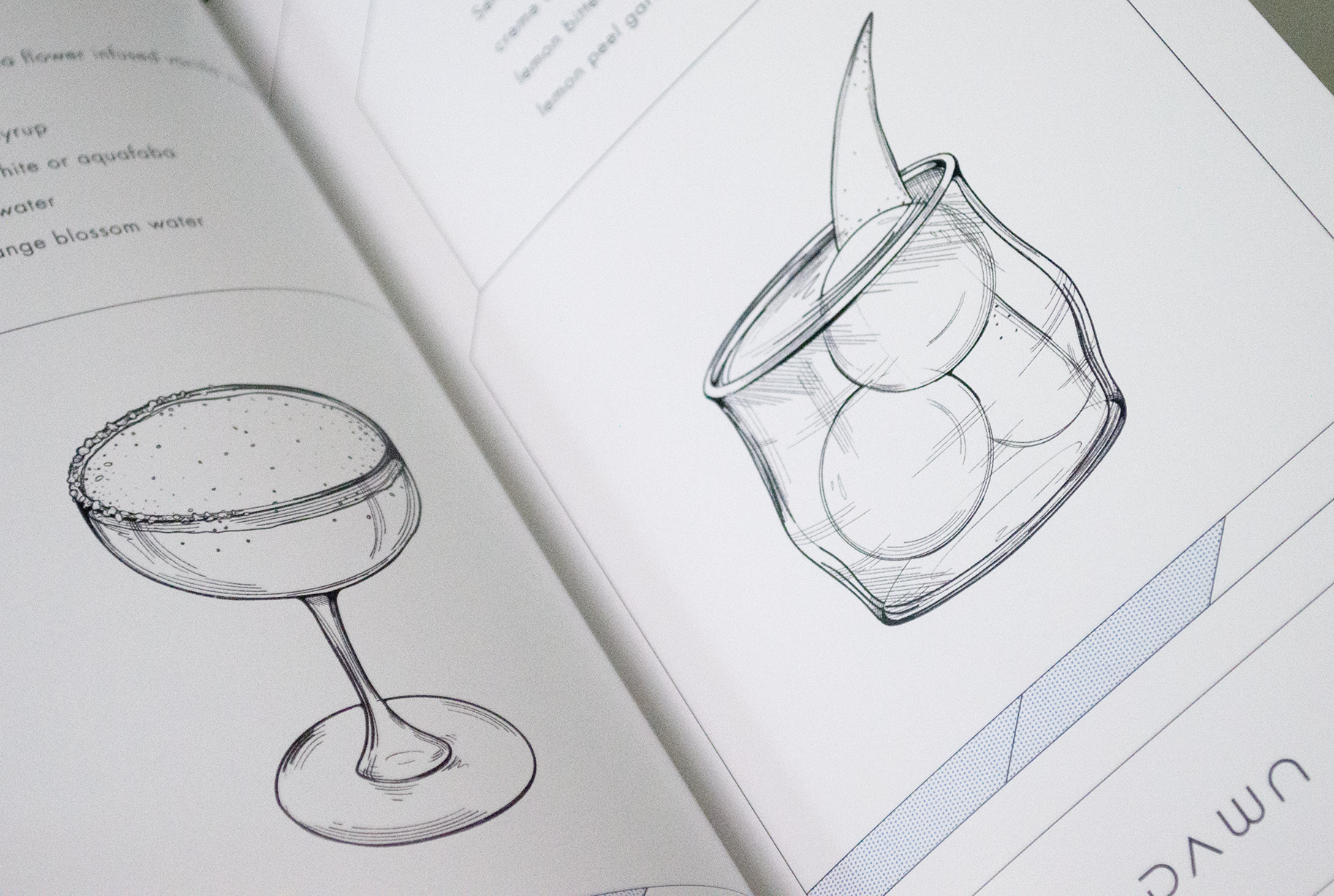 Side by side view of two cocktail illustrations facing each other.