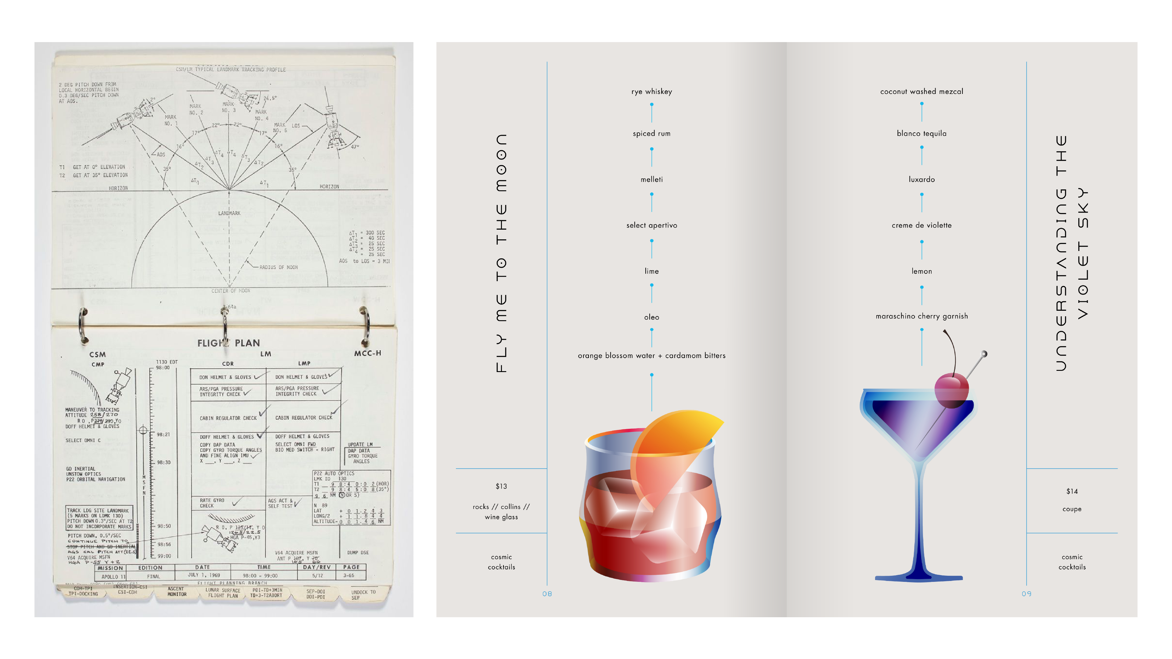 Side by side image of the Apollo 11 Flight Plan and the first draft of the menu featuring a colorful illustration style.
