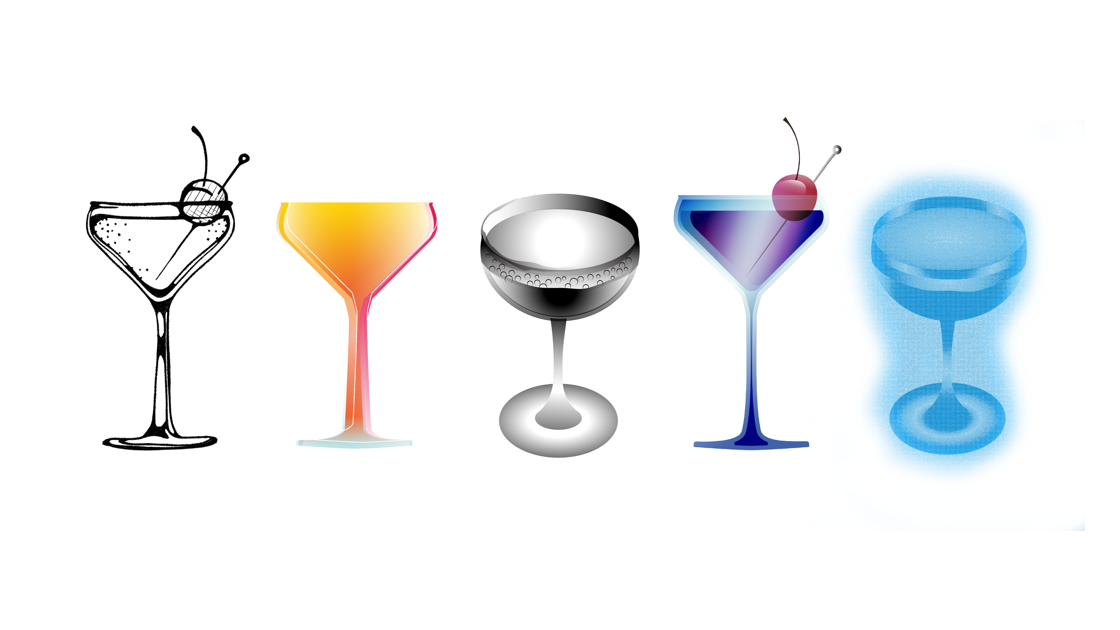 Sketches of cocktails in different styles. Some are colorful, some are black and white, some have screen textures.