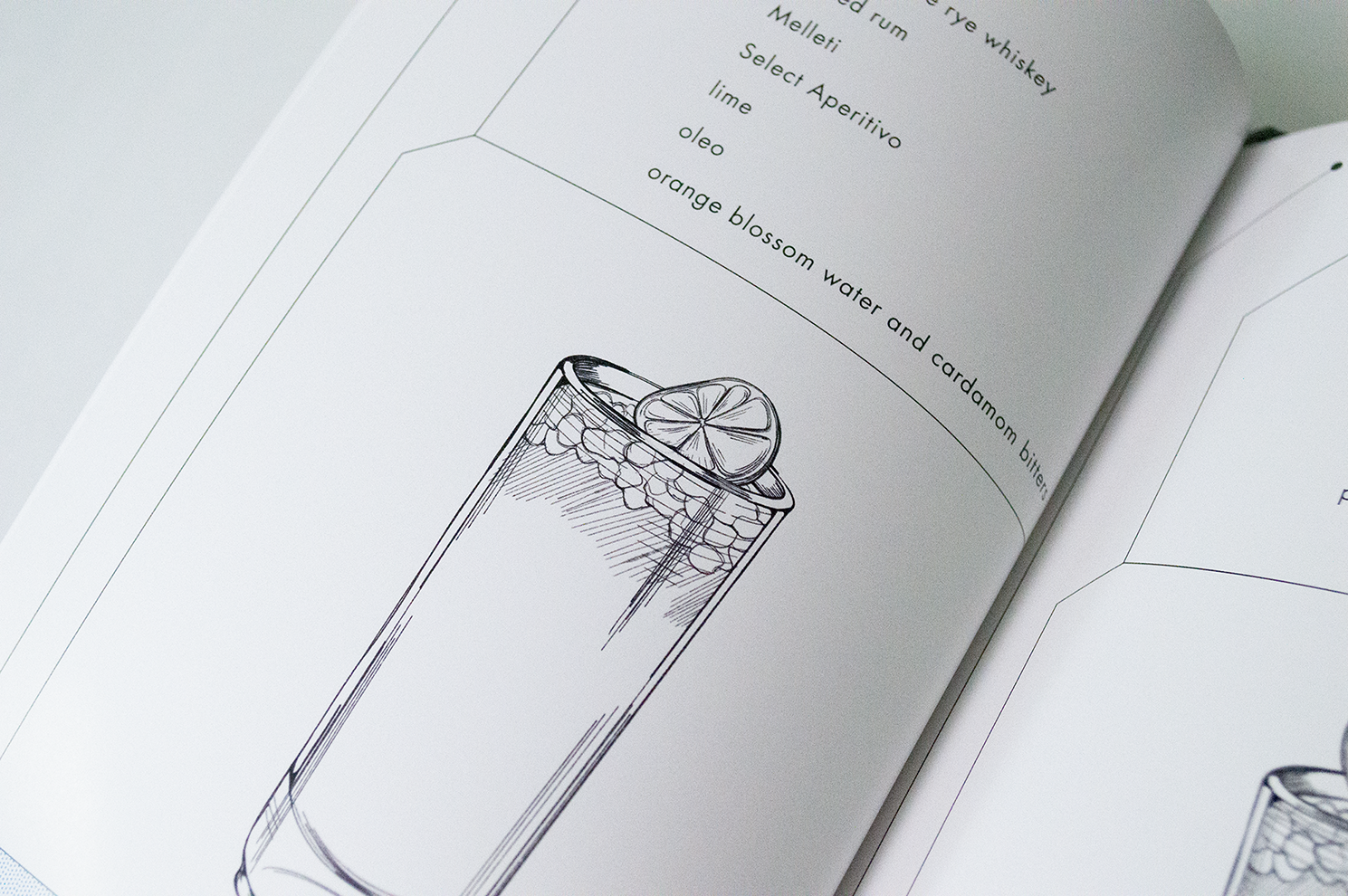 Detail view of an illustration of a cocktail in a collins glass with an orange wheel sitting on top of ice.