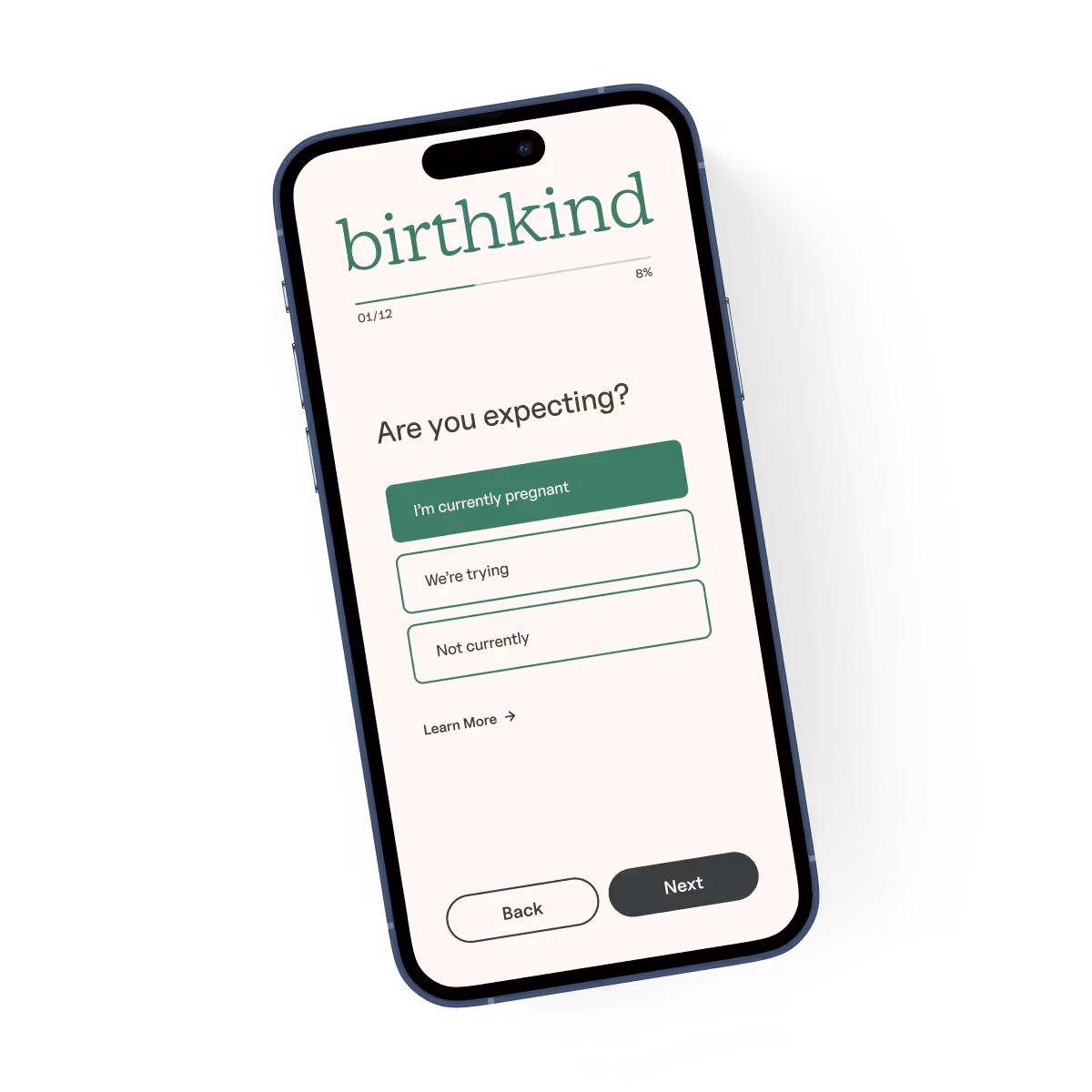 Birthkind "Are you expecting?" app screen on black iPhone.