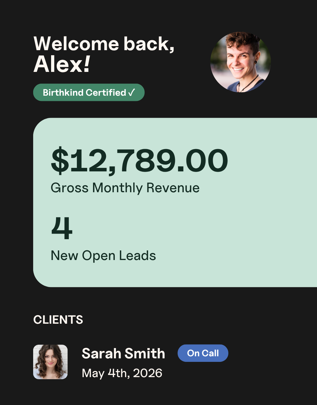 Birthkind doula dashboard showing monthly revenue, new client leads, and active client status with due dates