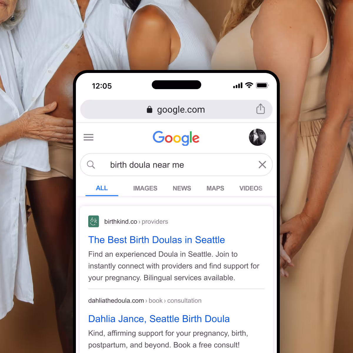 Mobile phone showing Google search results for birth doula near me with Birthkind provider directory listing
