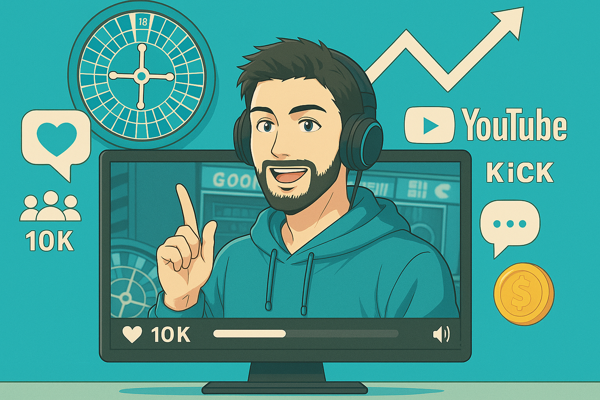 Streamer illustration showing live gaming, chat, and viewership stats