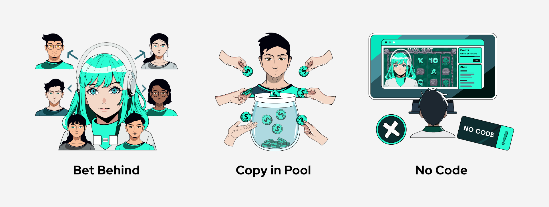 Visual of three CopyStake gameplay modes