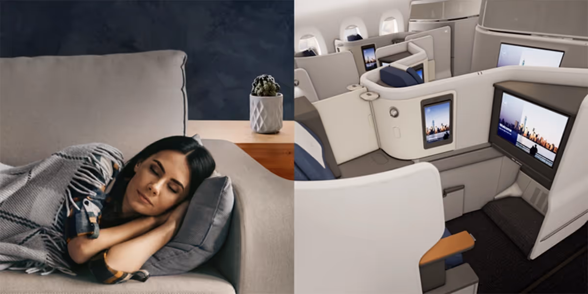 Split image of a woman sleeping on a bed on the left hand side and a plane bed and entertainment screen on the right hand side