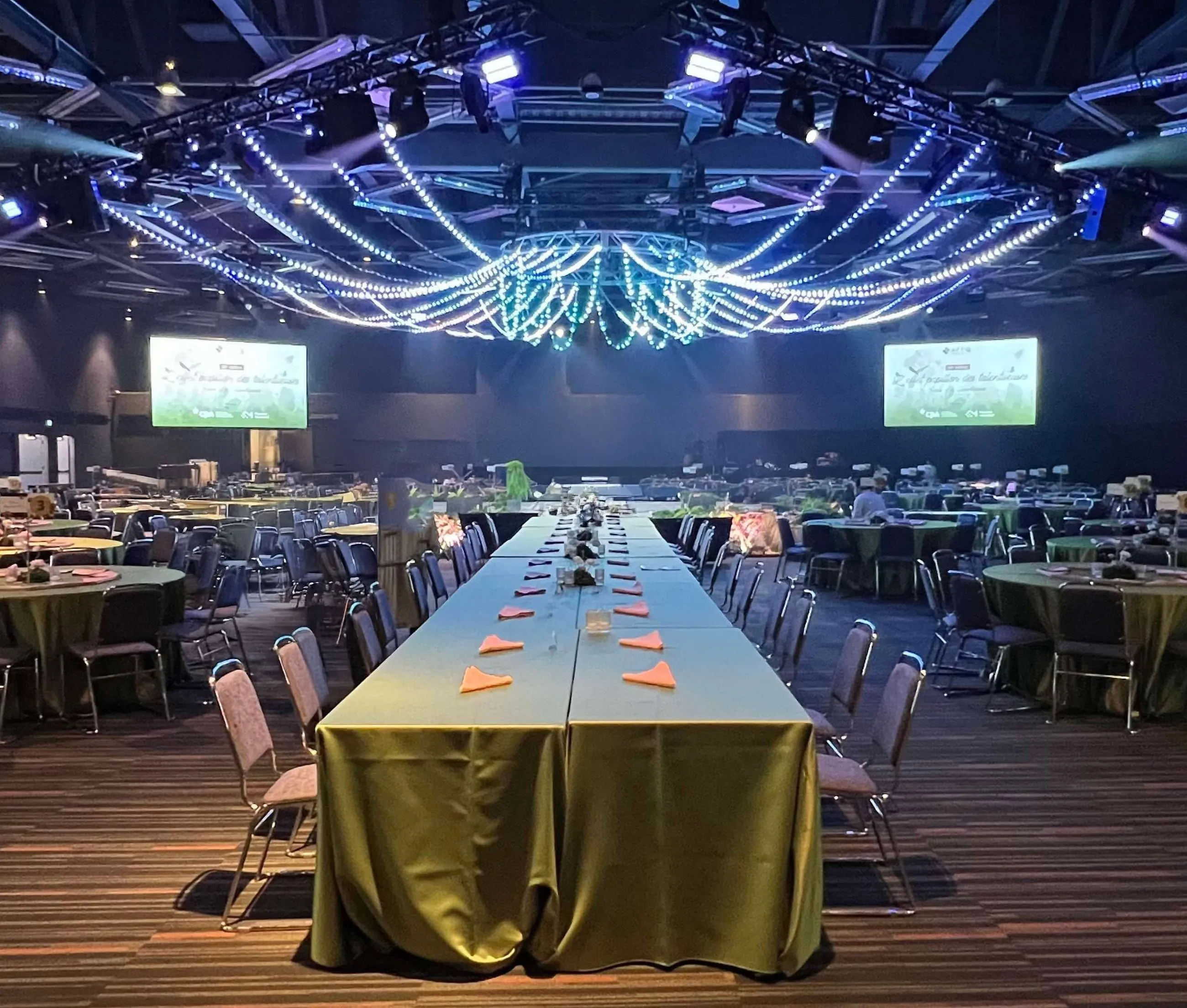 A large banquet hall with a long table and chairs.