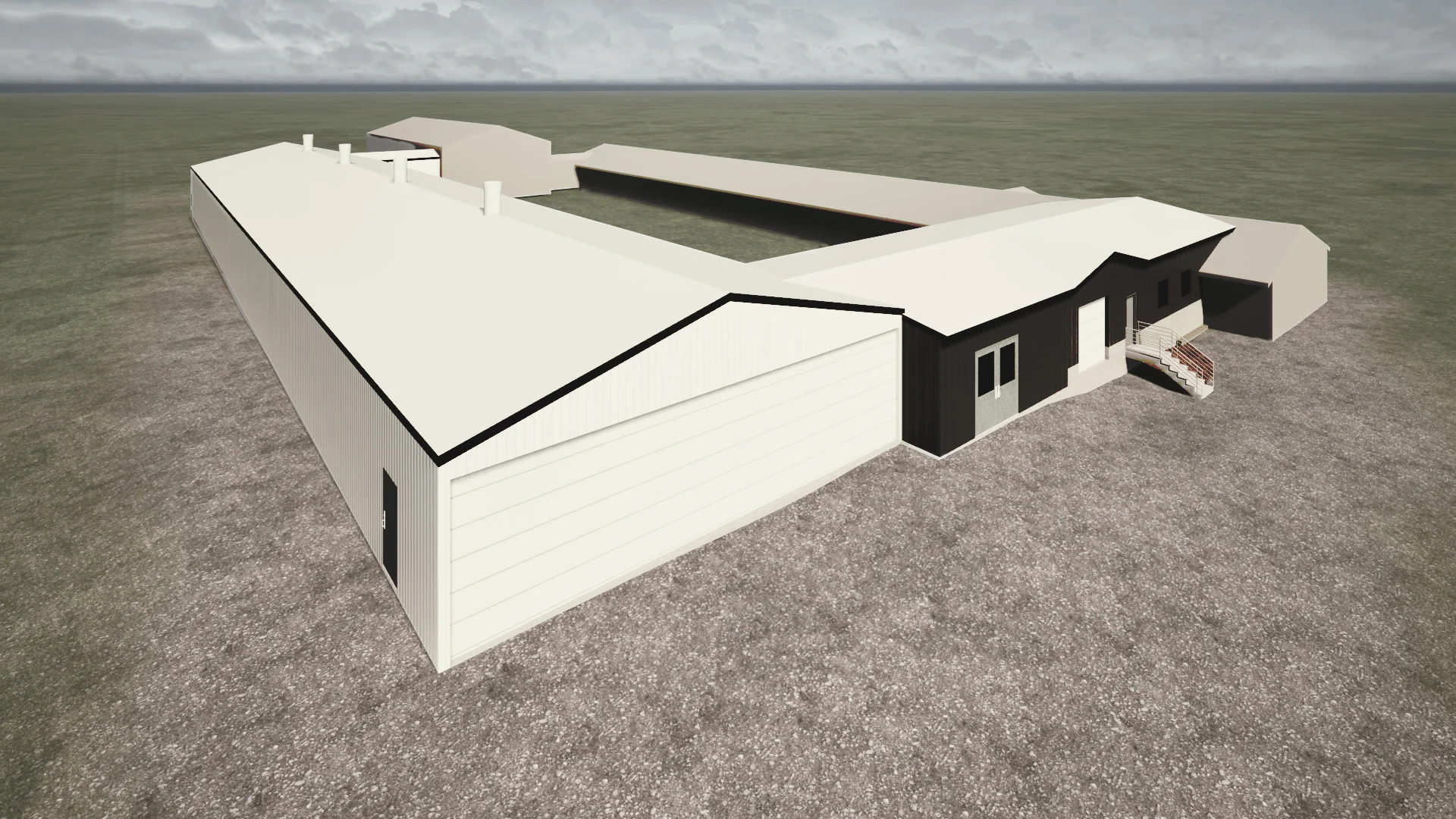 3D render aerial view of a large, white L-shaped industrial building on a flat, gravel surface under a cloudy sky. Simple, modern design with dark accents.