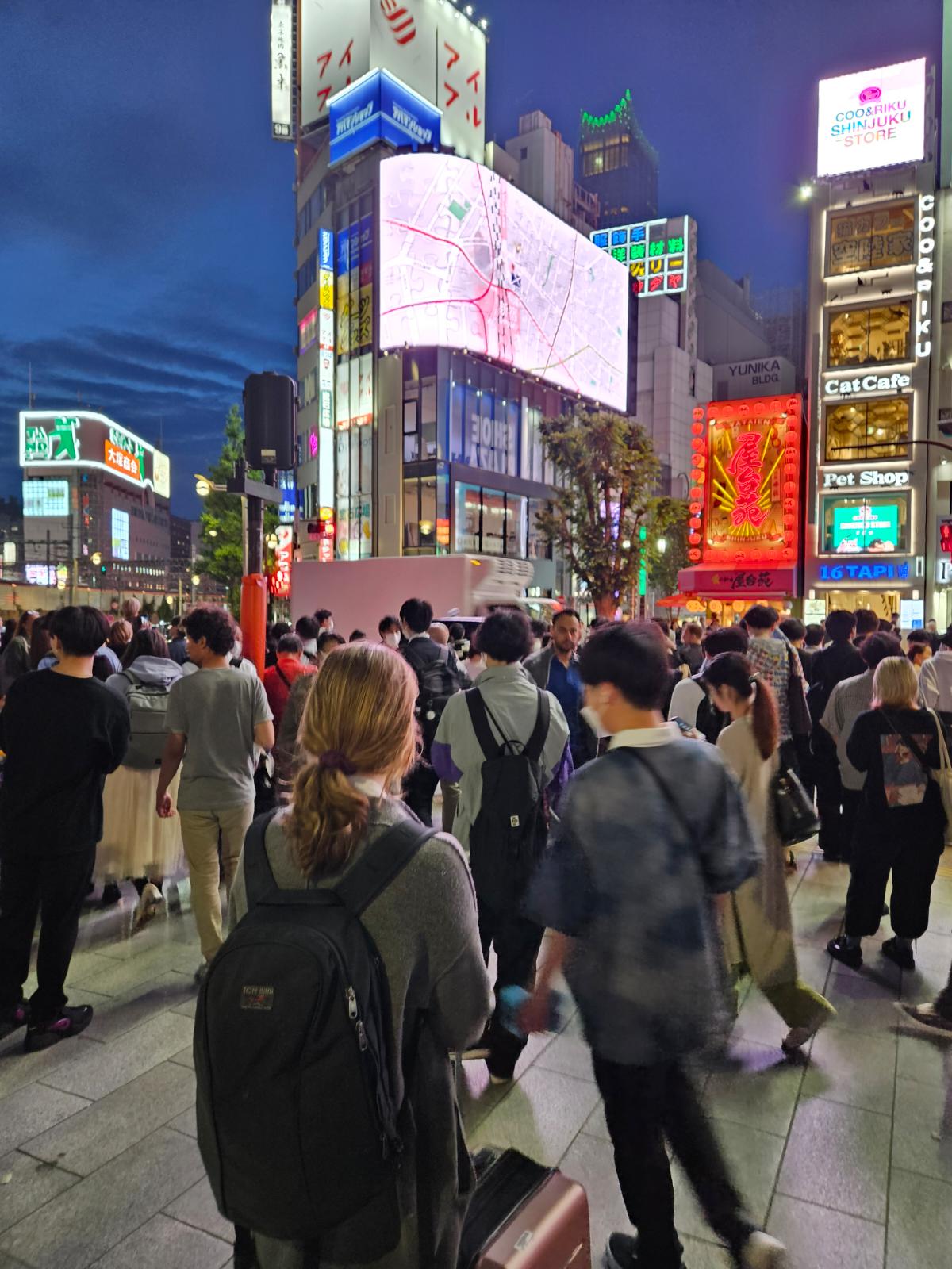 Mari-Alina at a busy station crossing in the Shinjuku district of Tokyo
