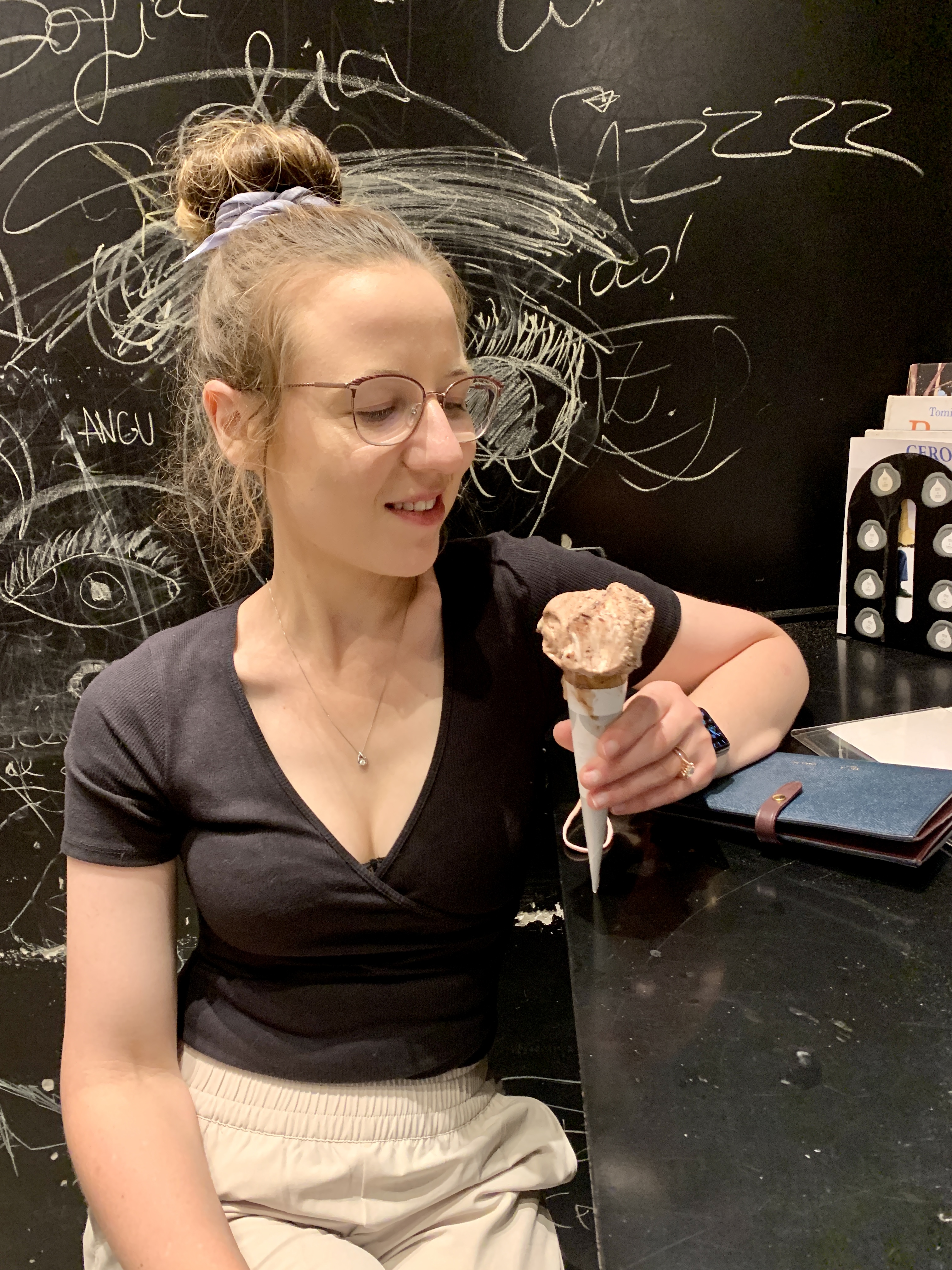 Mari-Alina Timoshchuk holding a gelato cone at a gelato shop in Rome