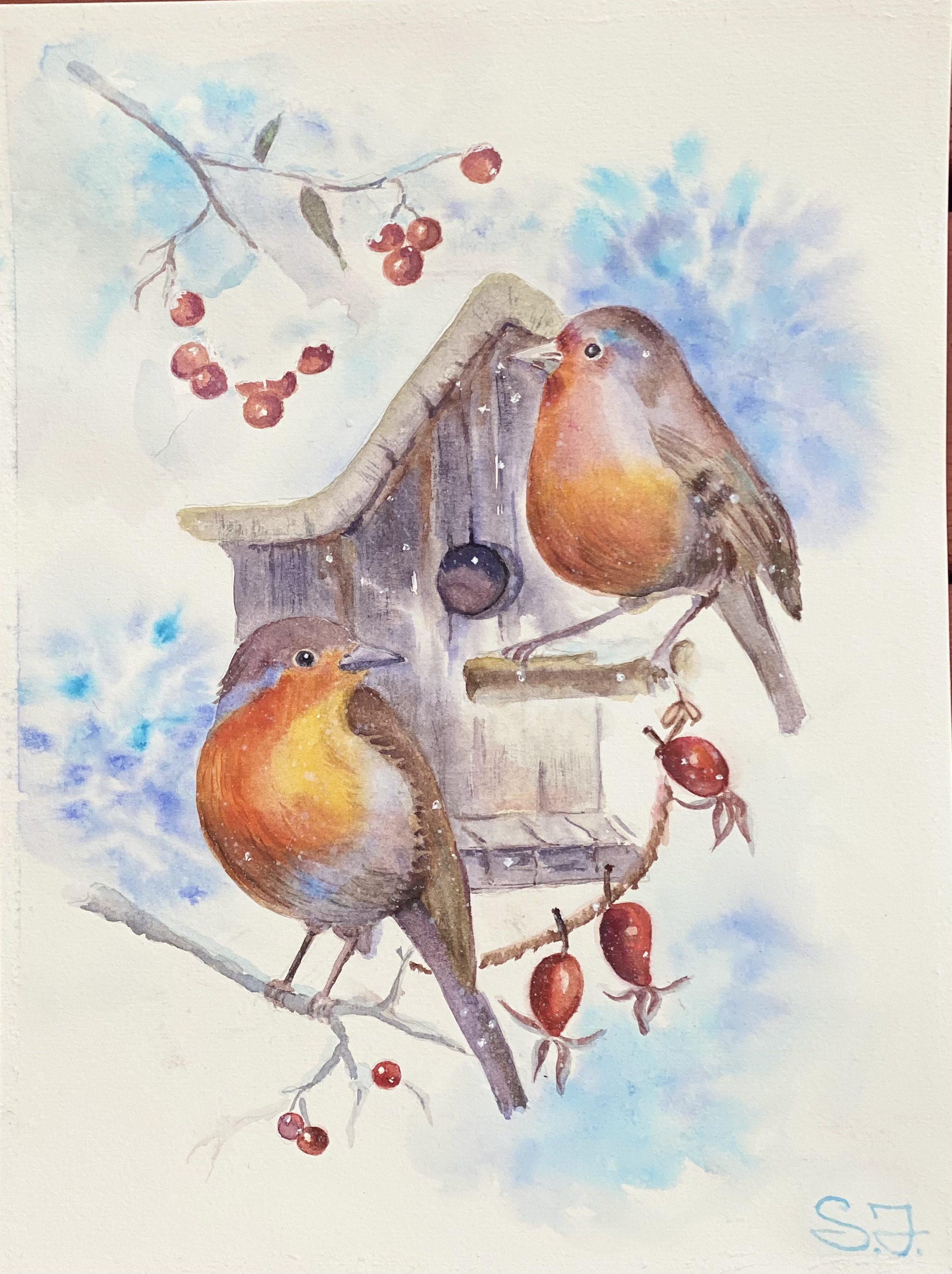 Mari-Alina Timoshchuk's art of two birds in a bird house in winter