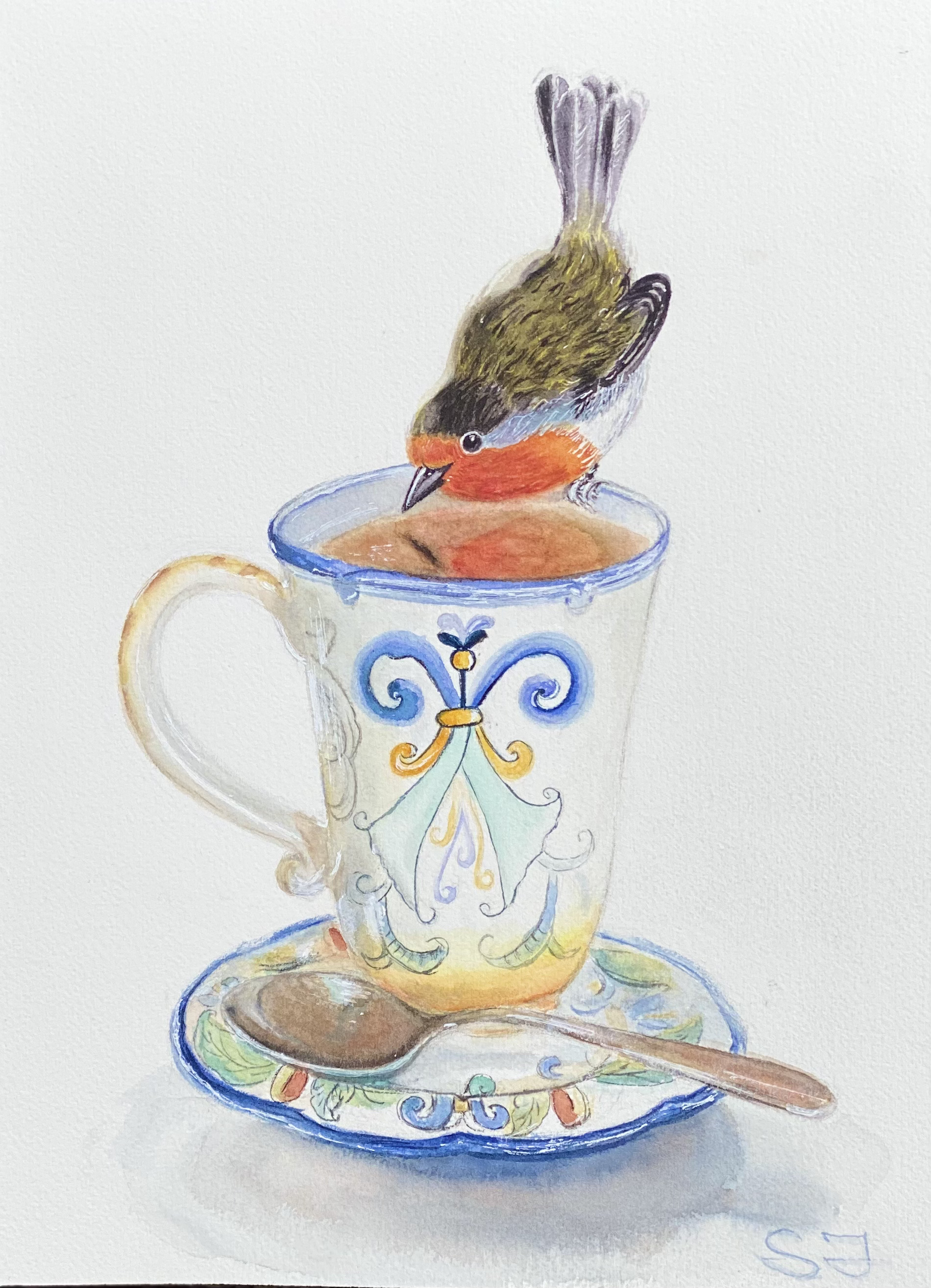 Mari-Alina Timoshchuk's art of a bird sitting on a teacup