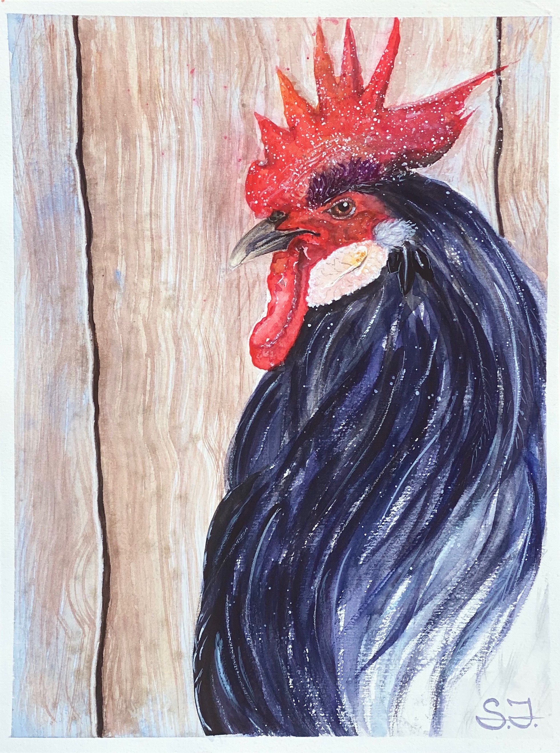 Mari-Alina Timoshchuk's art of a rooster with a background of wood