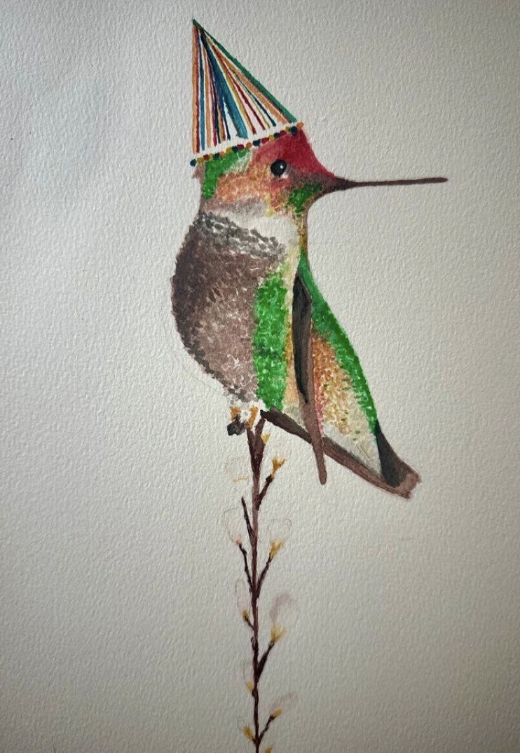 Mari-Alina Timoshchuk's art of a bird that is a hummingbird in a birthday hat