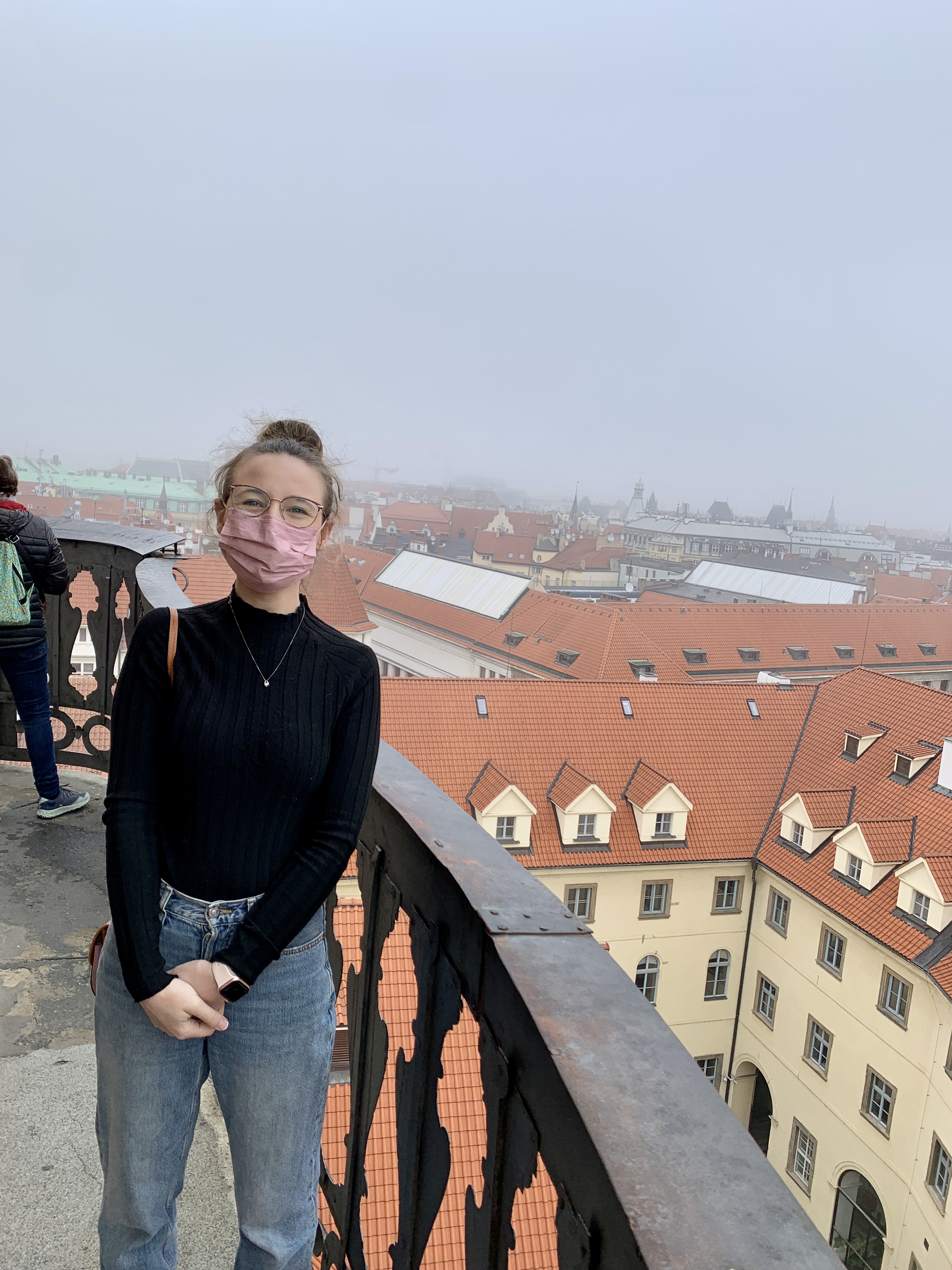 Mari-Alina Timoshchuk on the balcony of the Clementinum Astronomical Tower