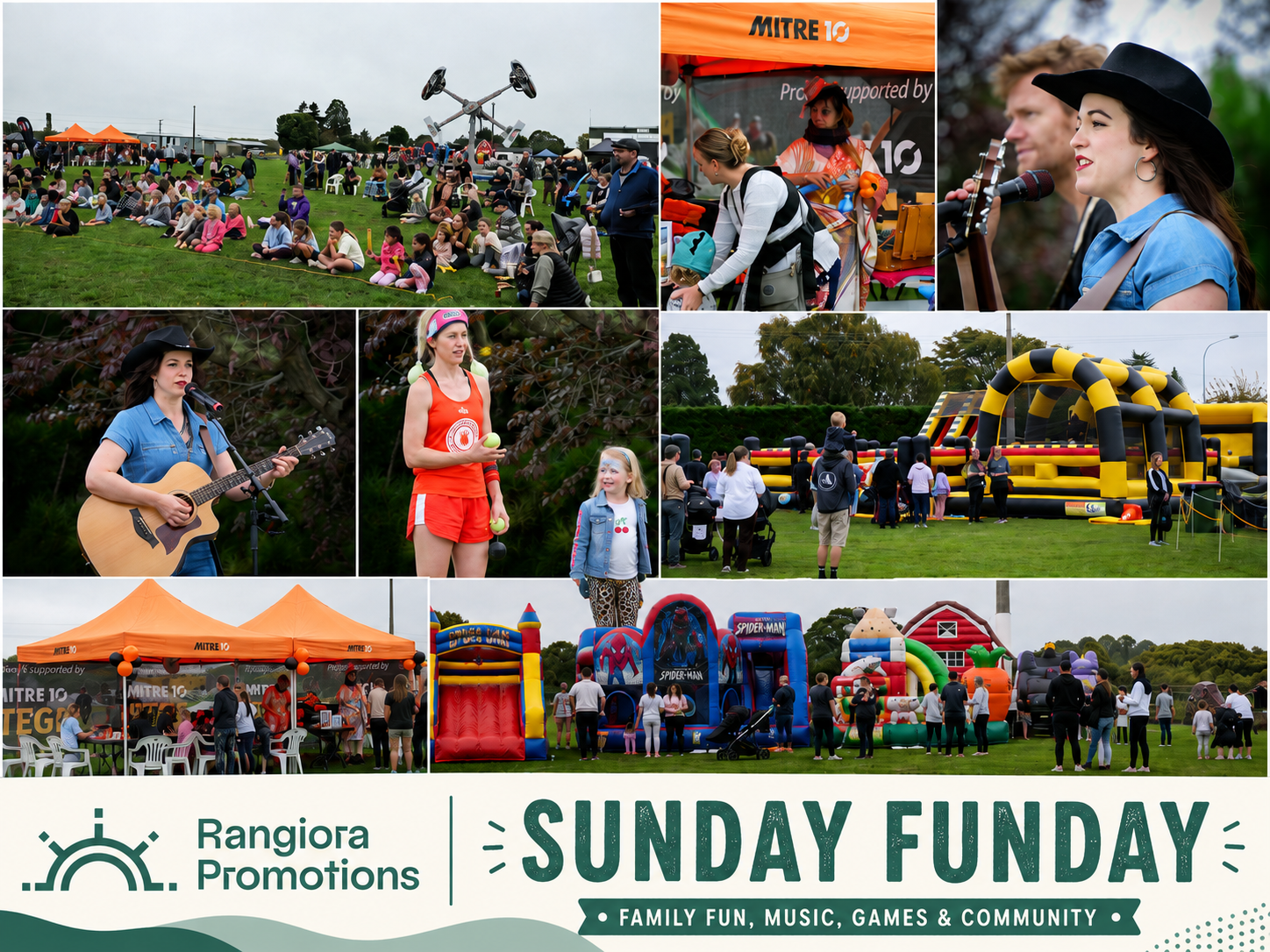 Photo collage from a past Sunday Funday event showing rides, live music, market stalls, and bouncy castles