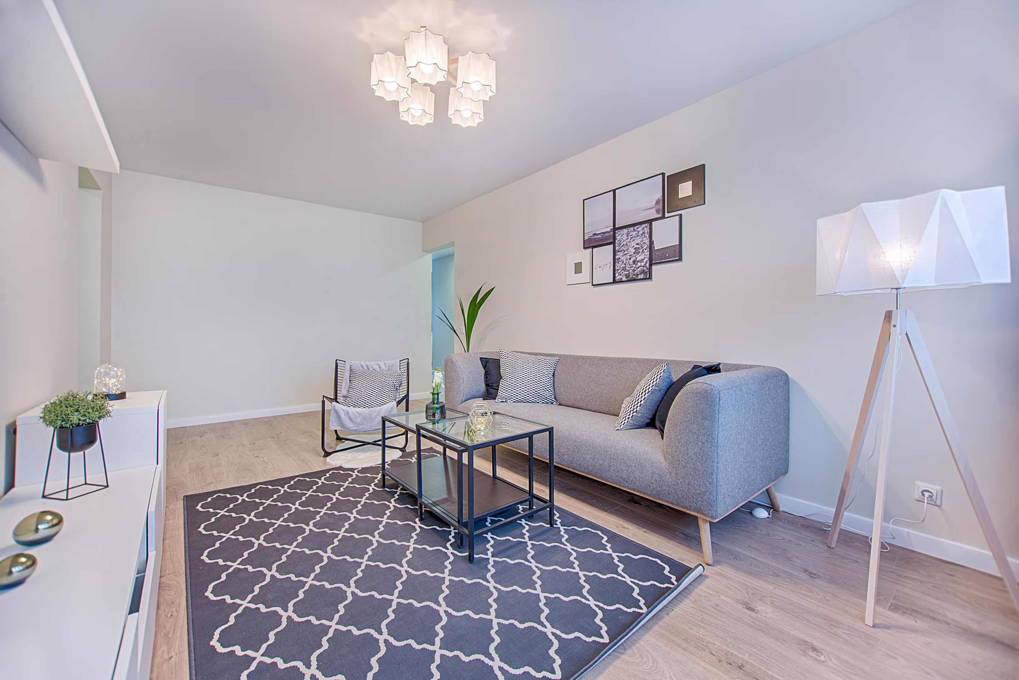 Modern living room with grey sofa and geometric rug