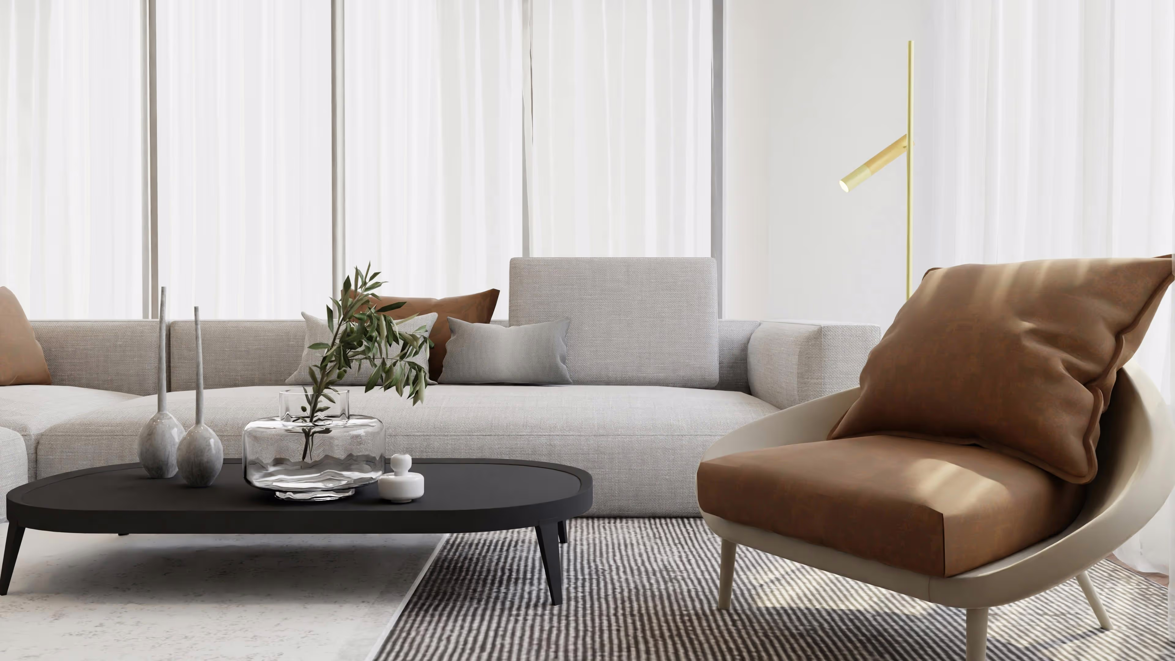Minimalist living room with neutral sofa and modern decor