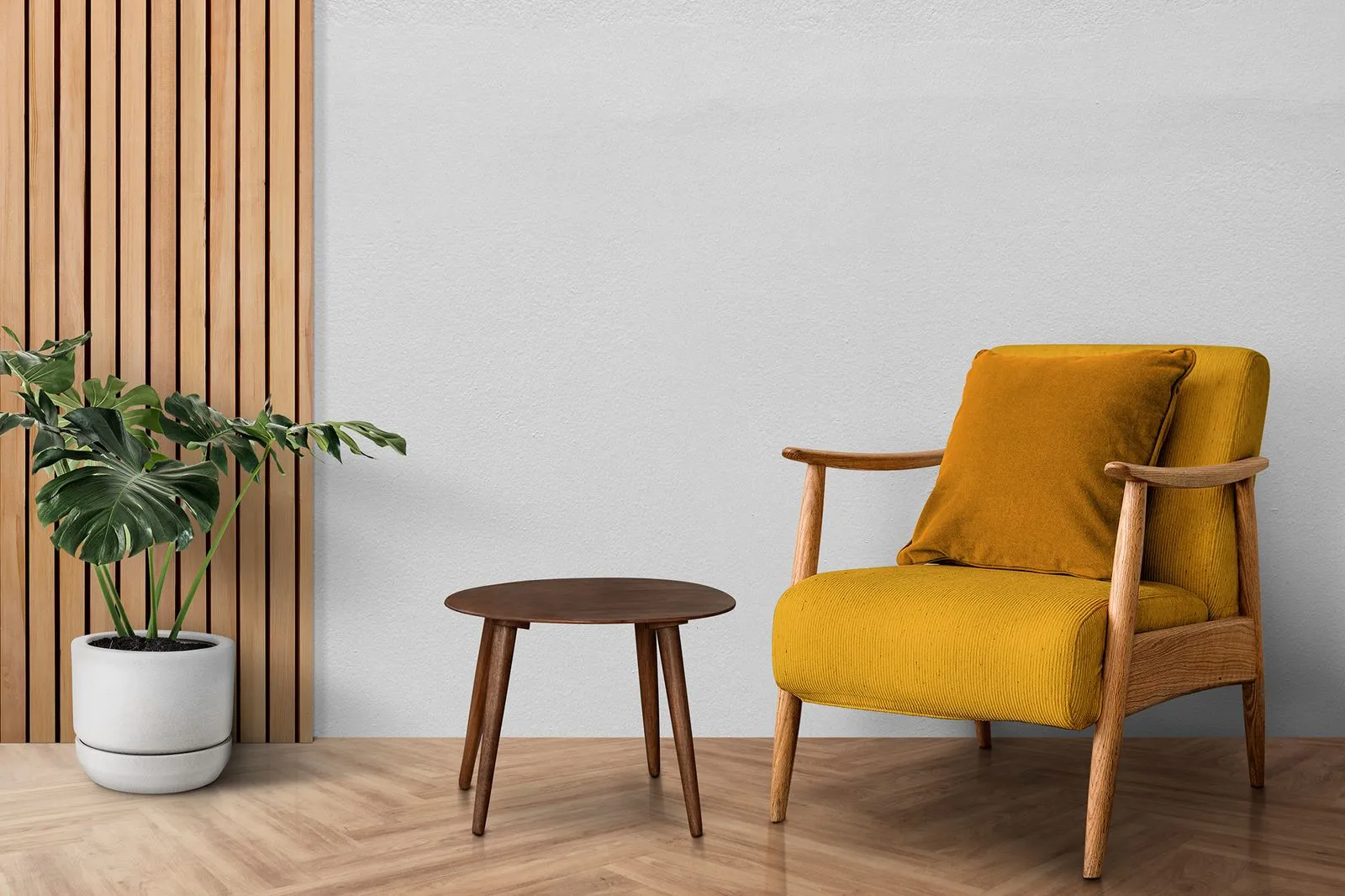 Yellow chair with plant and table