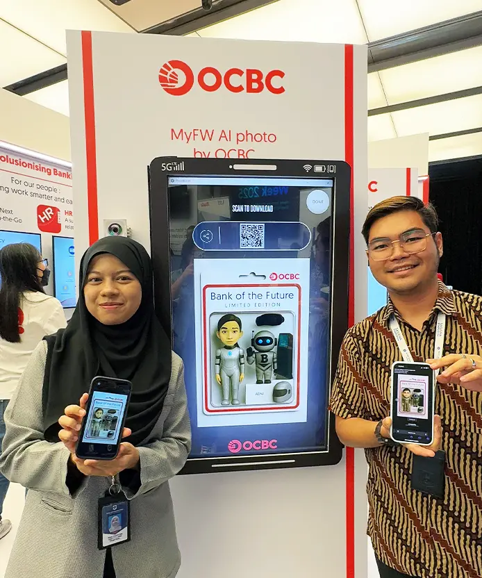 OCBC AI toy box photo booth activation MyFintech 2025 Malaysia with doll-in-a-box character transformation