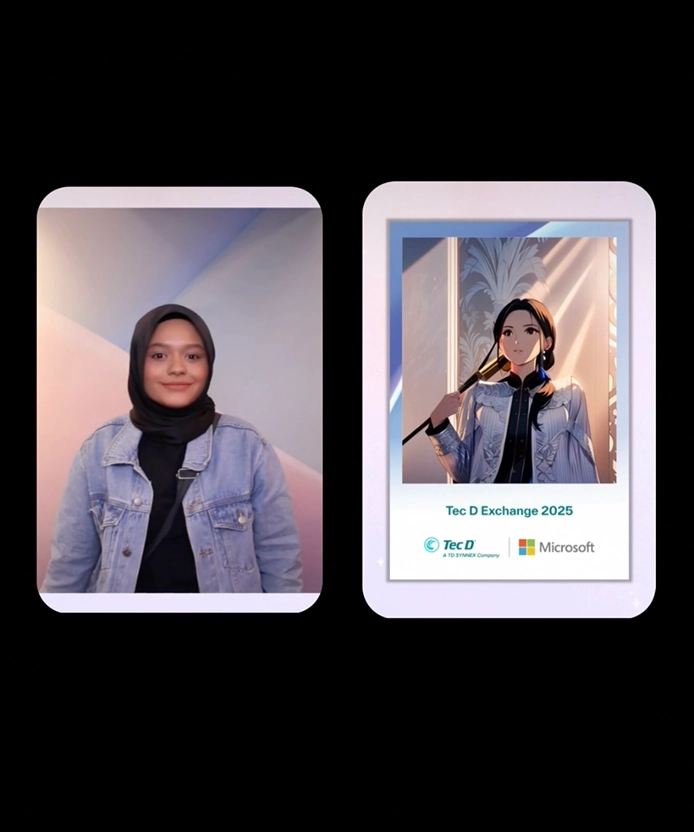 Microsoft x Tec D stylized AI character photo booth, powered by Instamedia IN:Frame™, for brand awareness events.