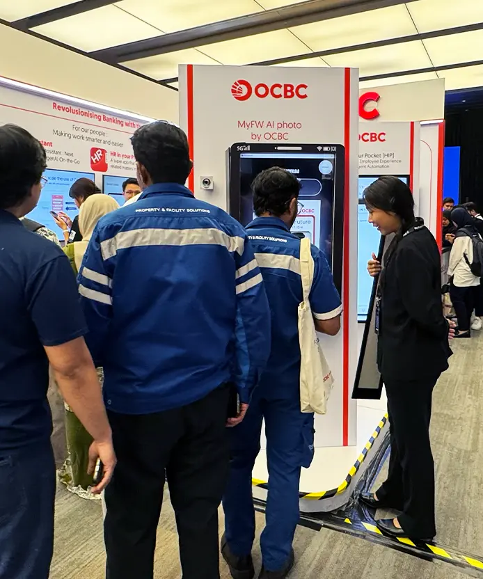 OCBC branded AI character transformation photo booth with custom name integration fintech event Malaysia