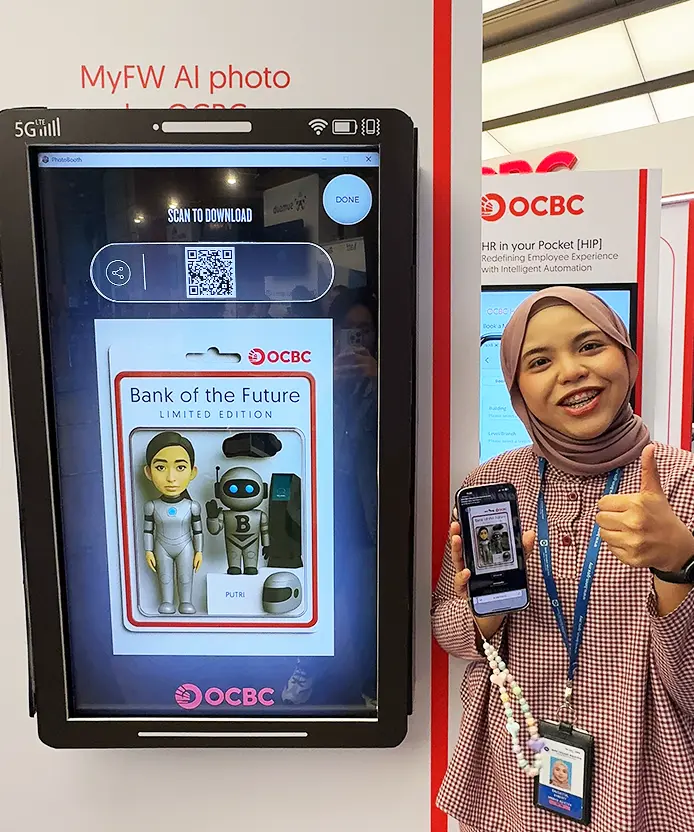OCBC AI toy box photo booth final output with personalized character and name display fintech activation Malaysia