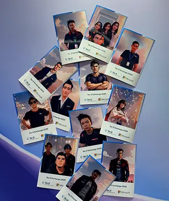 Microsoft Tec D Exchange AI character photo booth interface showing style selection Anime Marvel Techwear Pixar